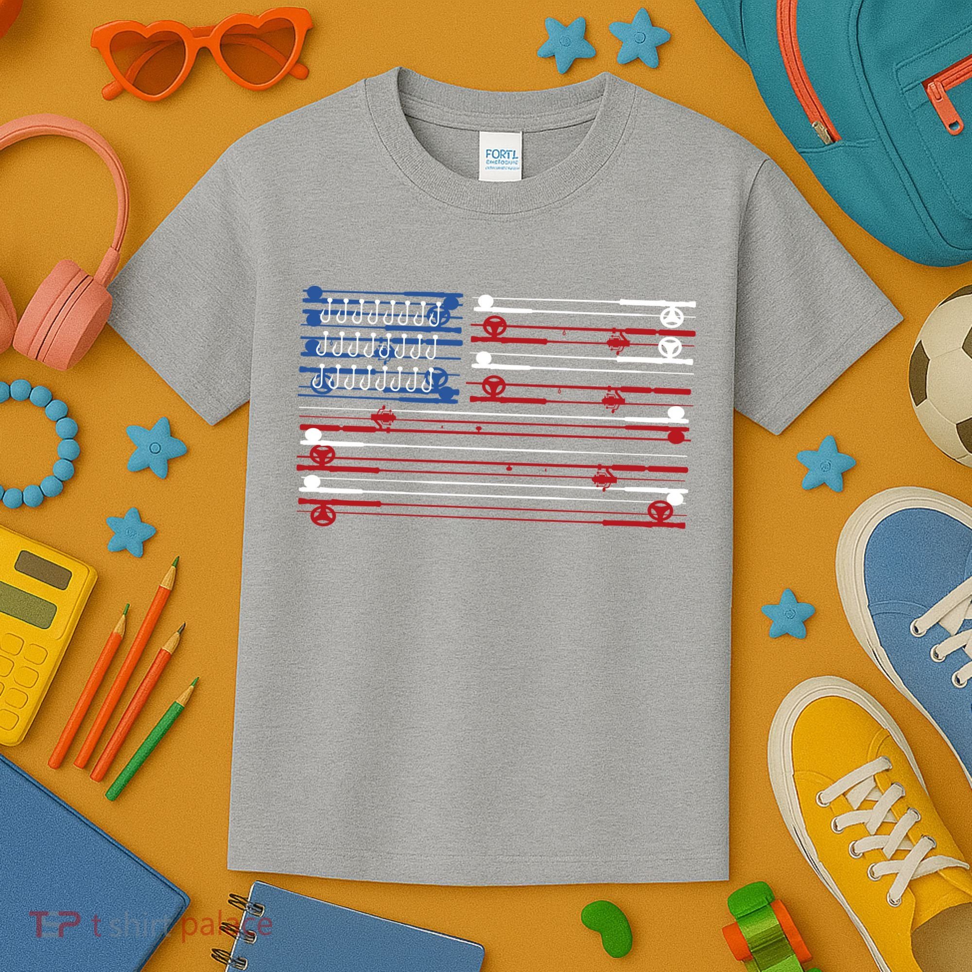 Fishing Rods American Flag Kids T-Shirt
