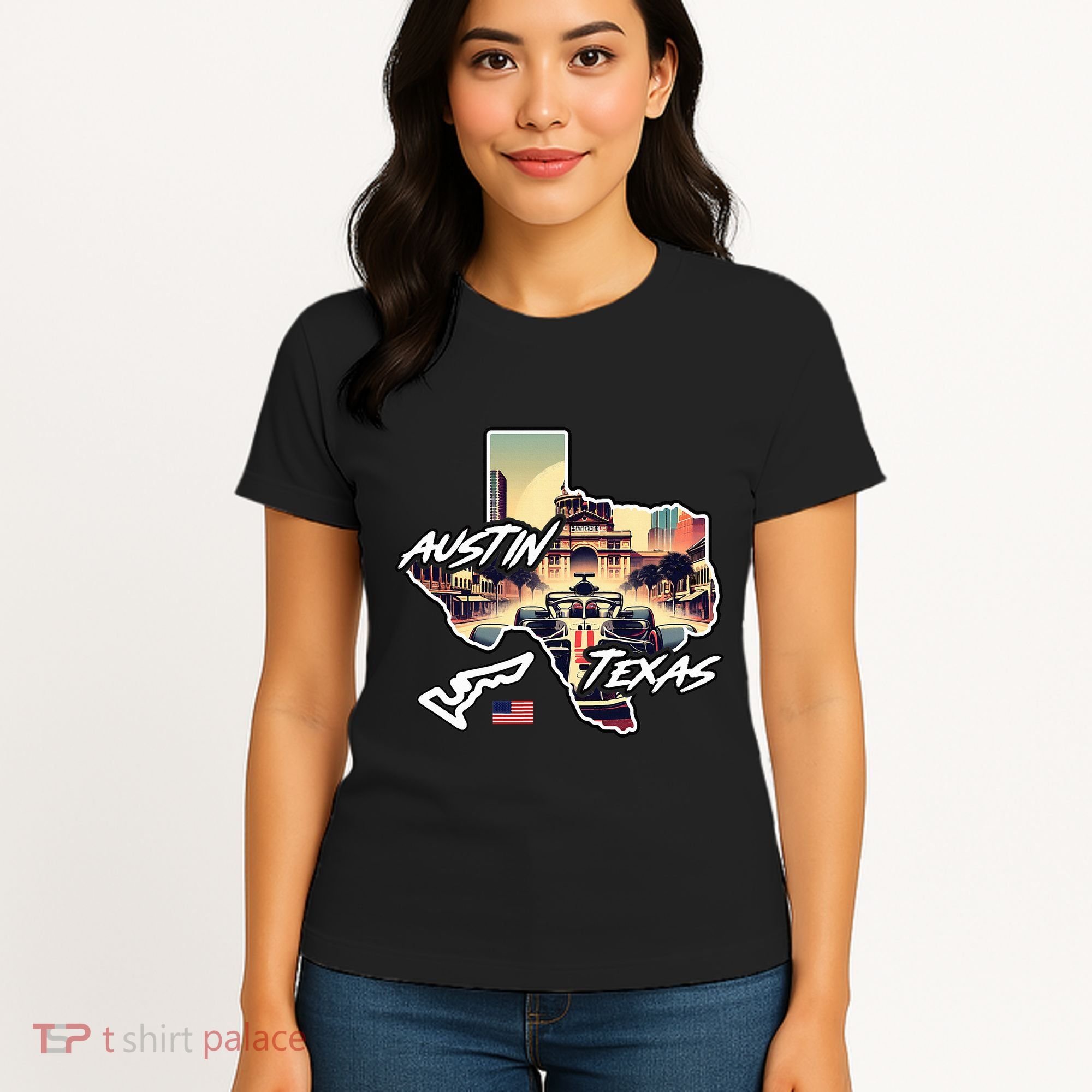 Formula Racing Austin Texas Open Wheel Car Circuit Usa Flag Women's T-Shirt