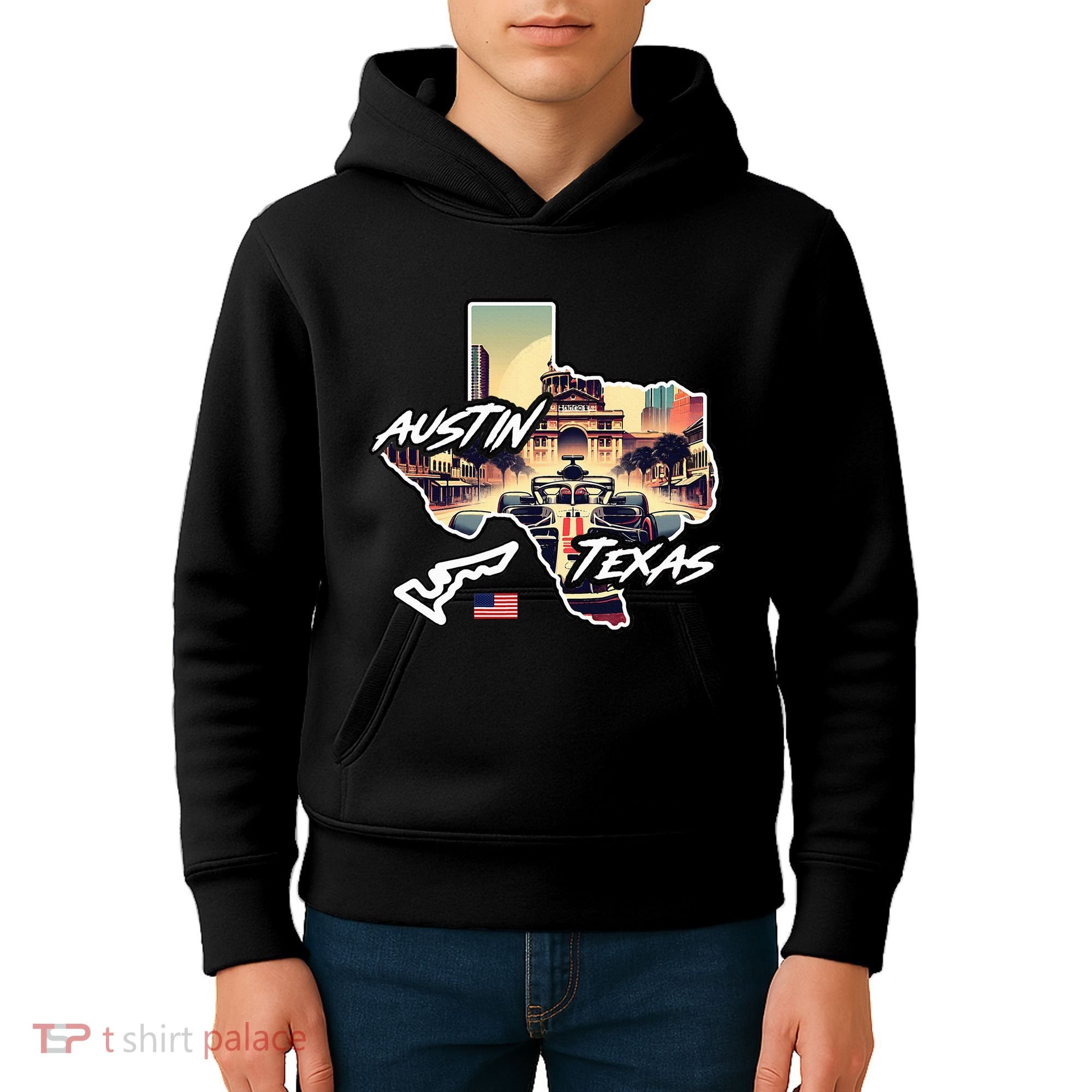 Formula Racing Austin Texas Open Wheel Car Circuit Usa Flag Kids Hoodie