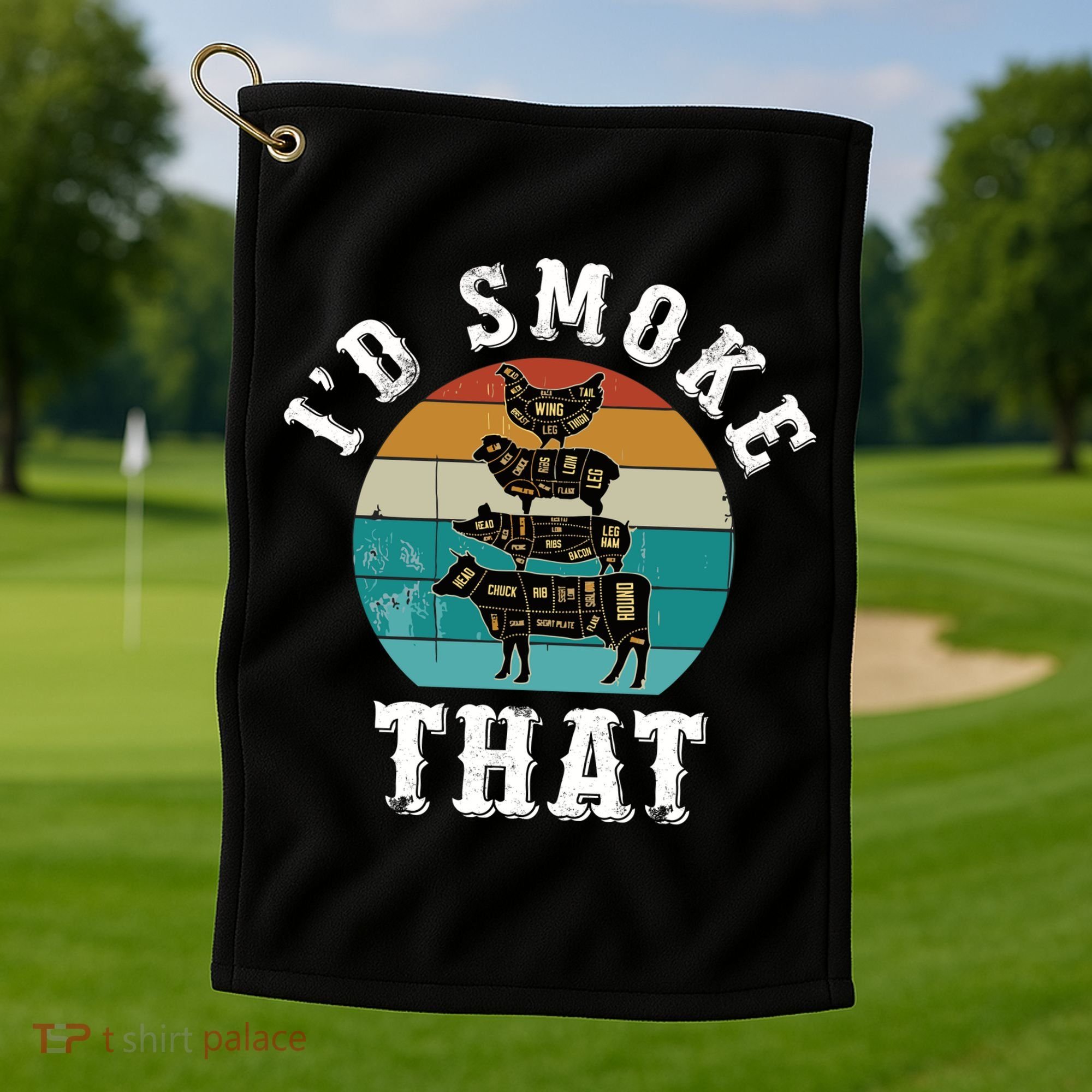 Funny Retro Bbq Party Smoker Chef Dad Gift ID Smoke That Golf Towel