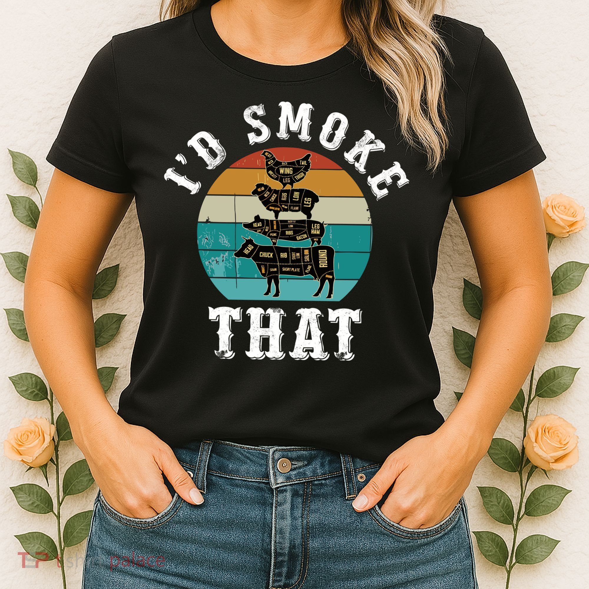 Funny Retro Bbq Party Smoker Chef Dad Gift ID Smoke That Women's T-Shirt