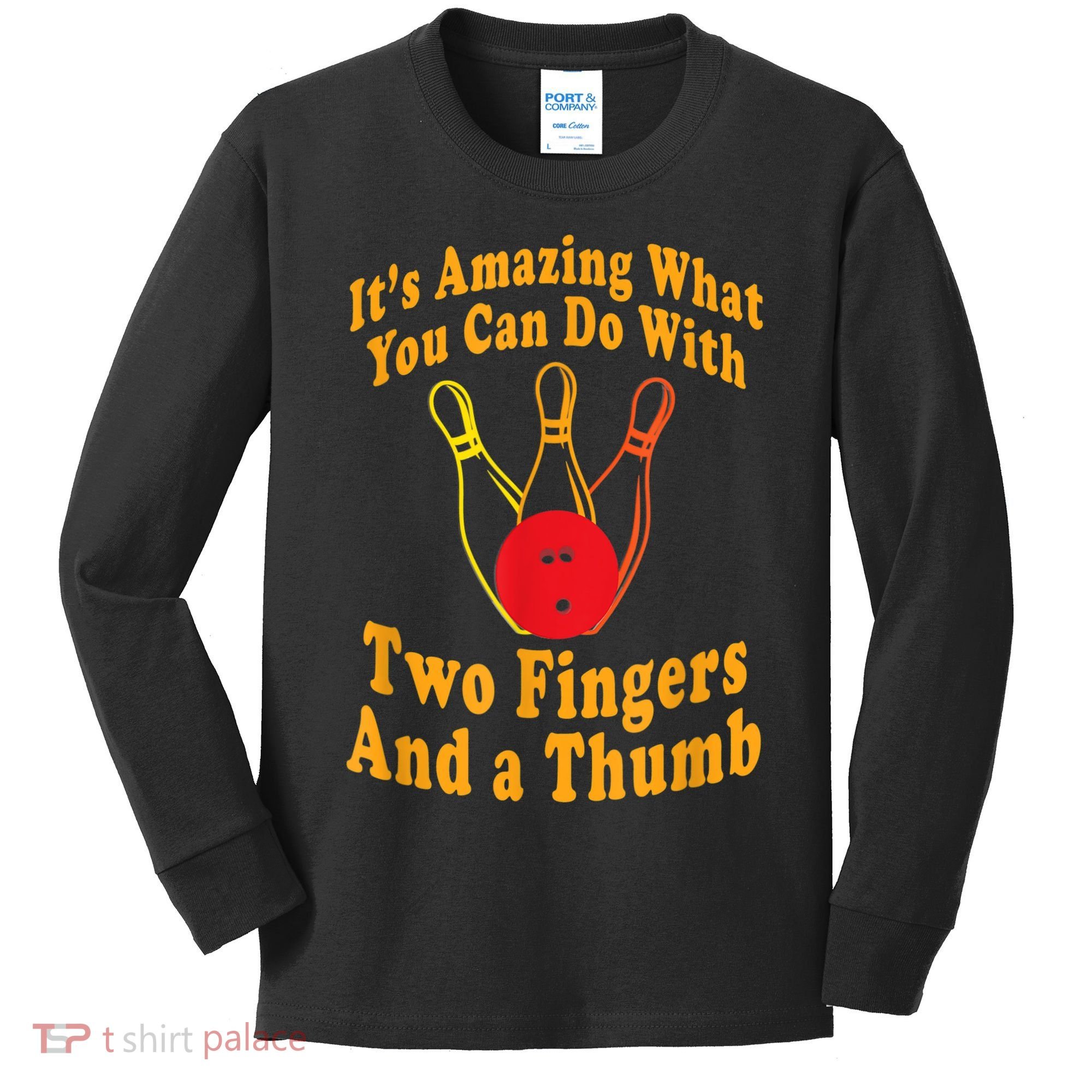 Funny Retro Bowling Ball Two Fingers And A Thumb Kids Long Sleeve Shirt