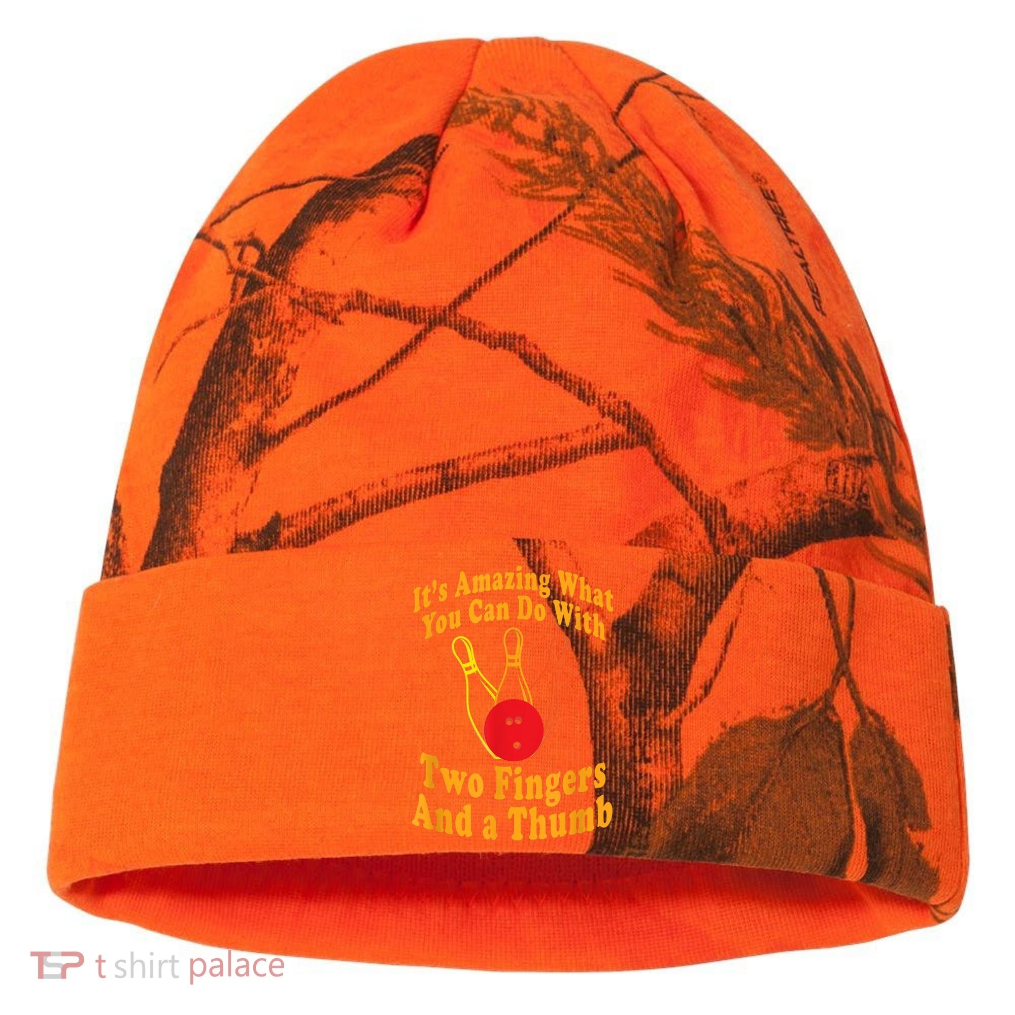 Funny Retro Bowling Ball Two Fingers And A Thumb Kati Licensed 12" Camo Cuffed Beanie