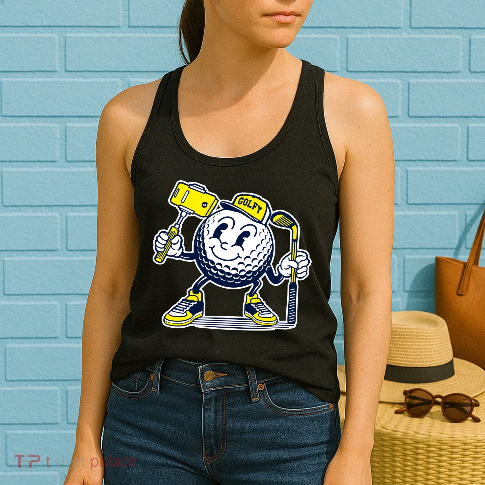 Funny Retro Cartoon Golf Ball Taking Selfie Women's Tank Top