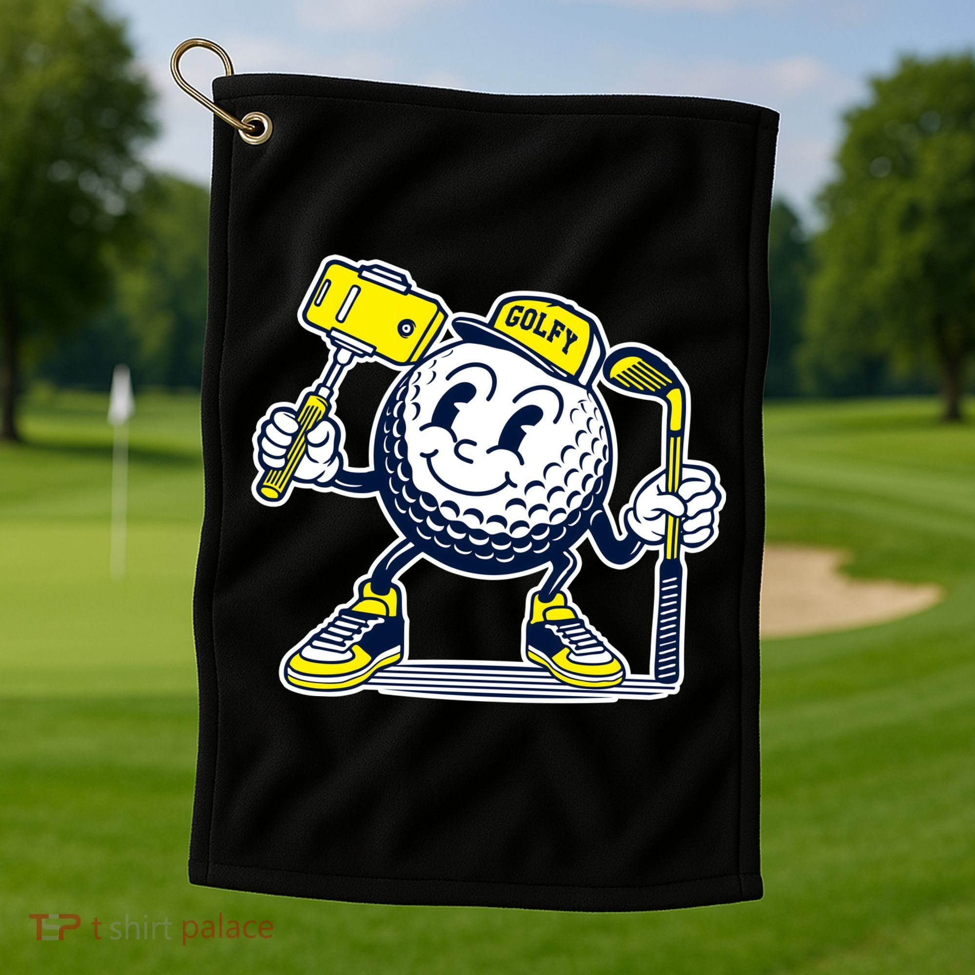 Funny Retro Cartoon Golf Ball Taking Selfie Golf Towel