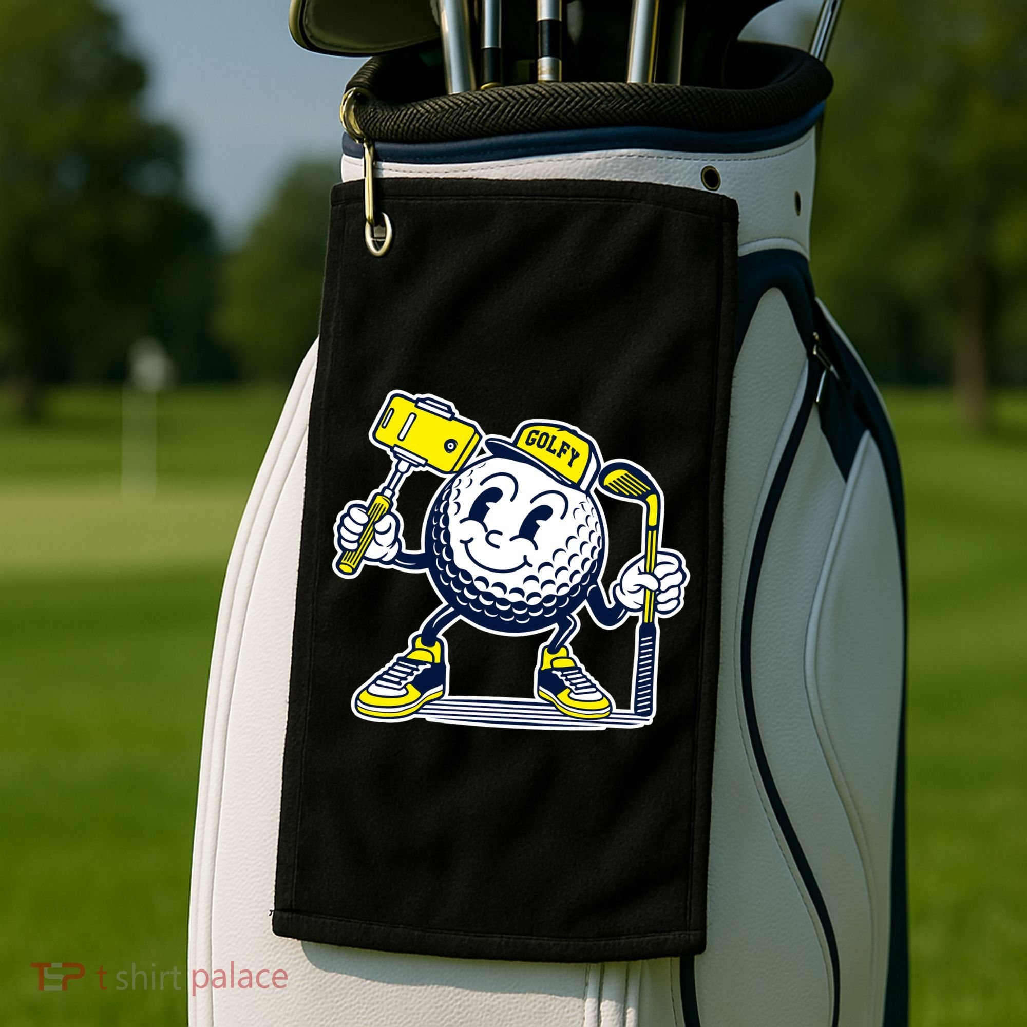 Funny Retro Cartoon Golf Ball Taking Selfie Golf Towel