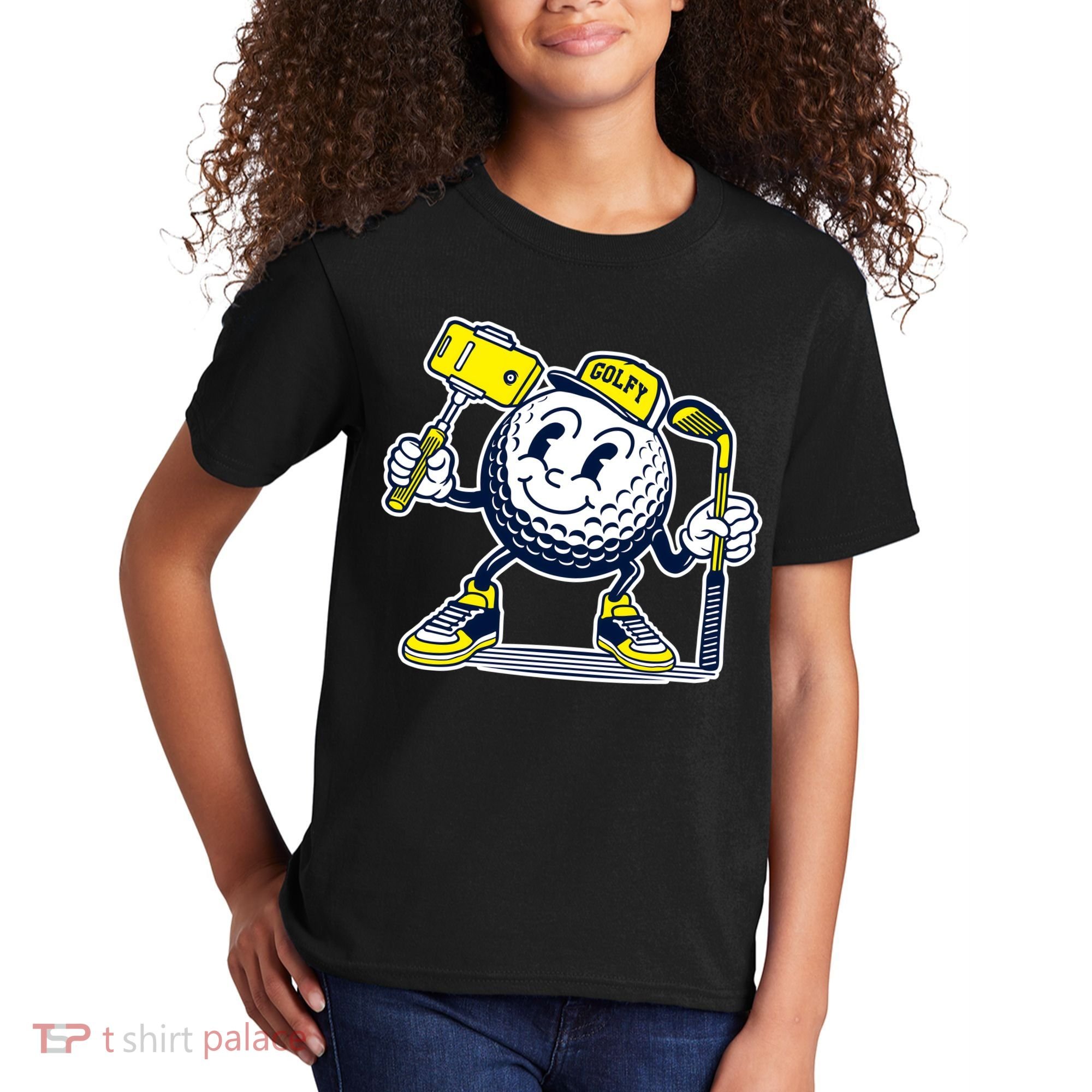 Funny Retro Cartoon Golf Ball Taking Selfie Kids T-Shirt