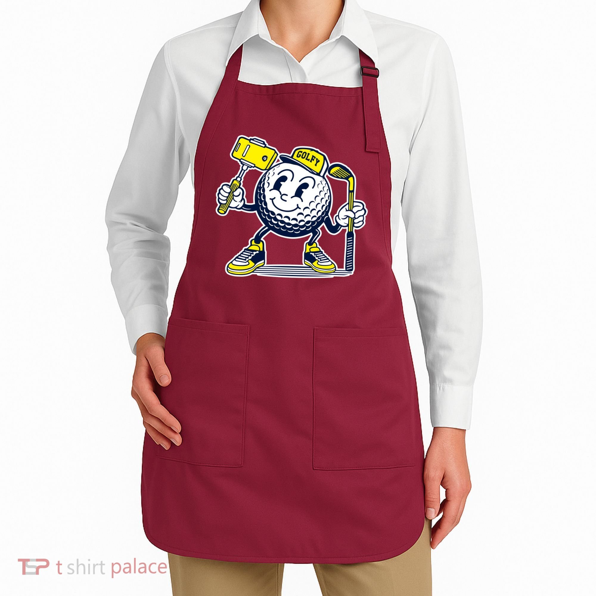 Funny Retro Cartoon Golf Ball Taking Selfie Apron