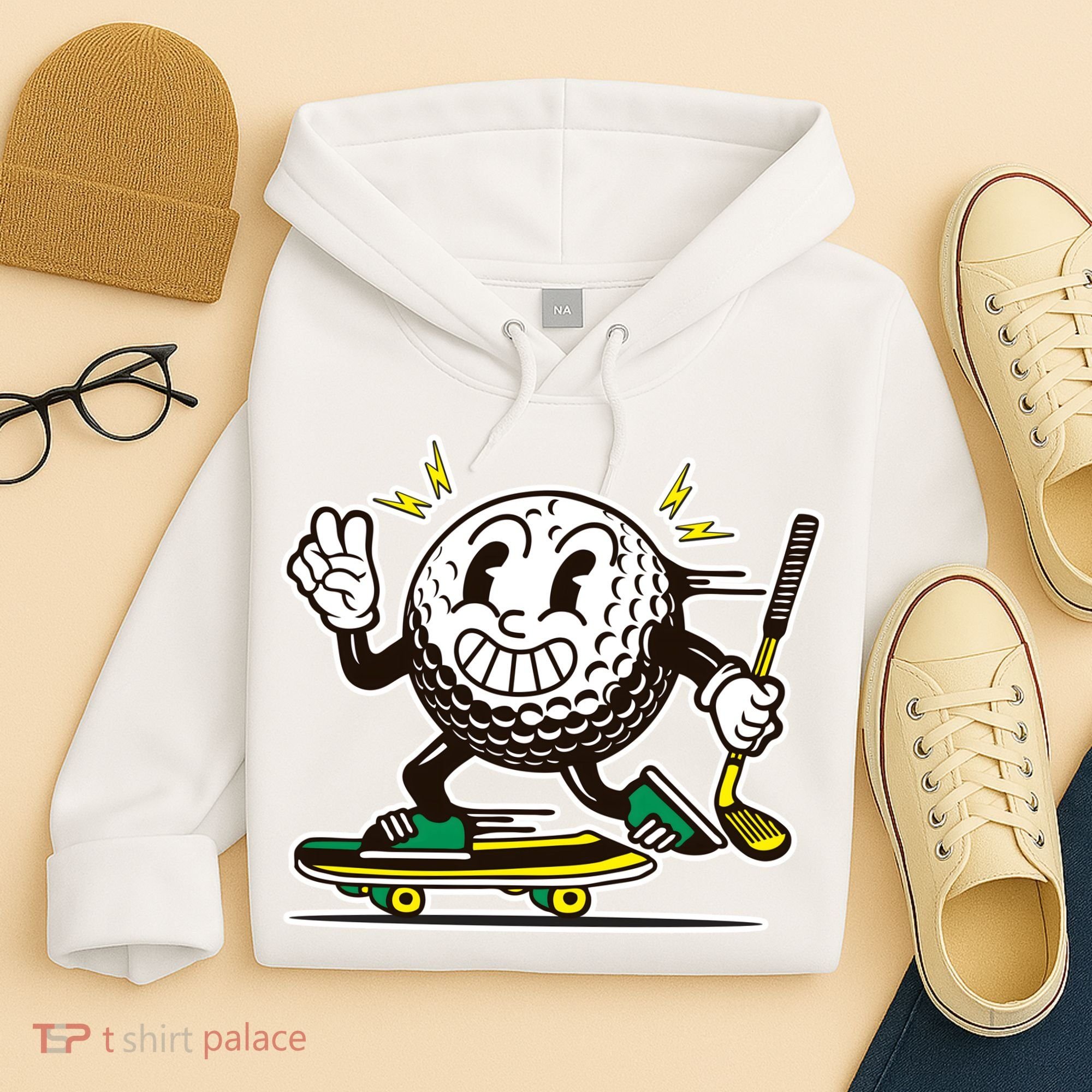 Funny Retro Cartoon Skateboarding Golf Ball Hoodie