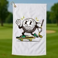 Funny Retro Cartoon Skateboarding Golf Ball Golf Towel thumb 1
