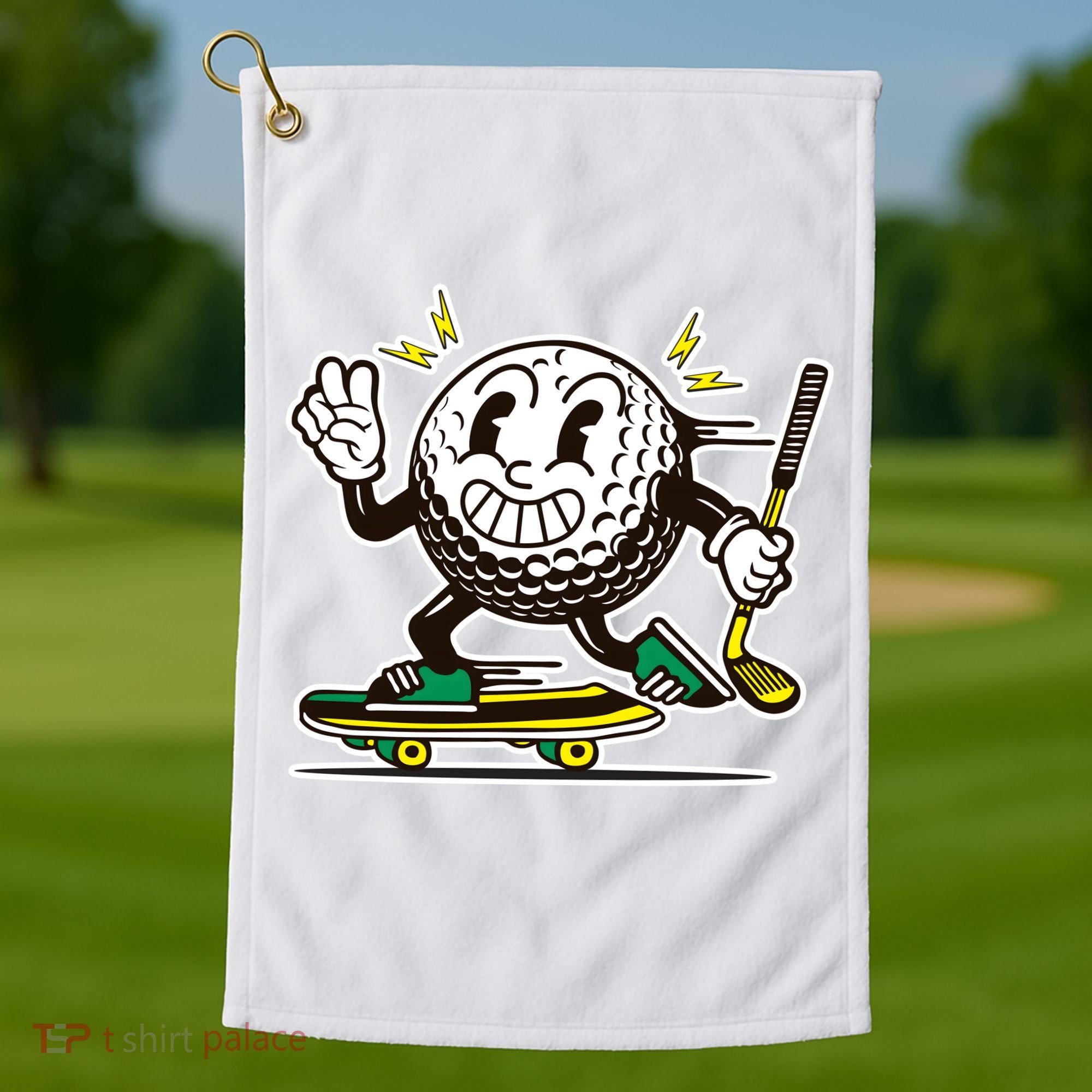 Funny Retro Cartoon Skateboarding Golf Ball Golf Towel