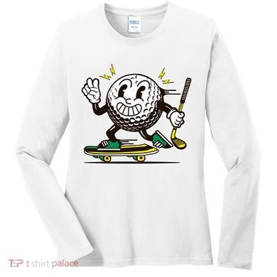 Funny Retro Cartoon Skateboarding Golf Ball Women's Long Sleeve Shirt