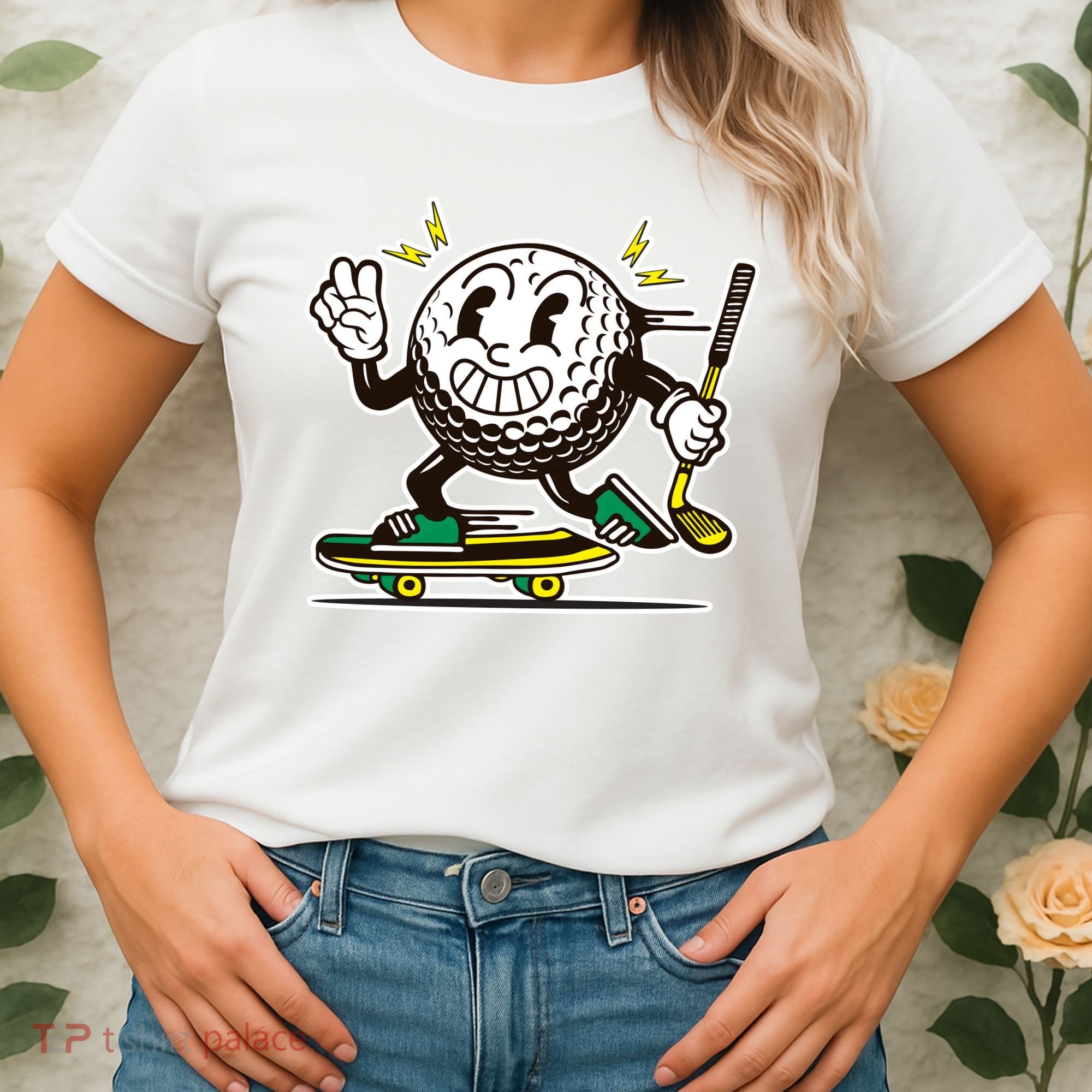 Funny Retro Cartoon Skateboarding Golf Ball Women's T-Shirt