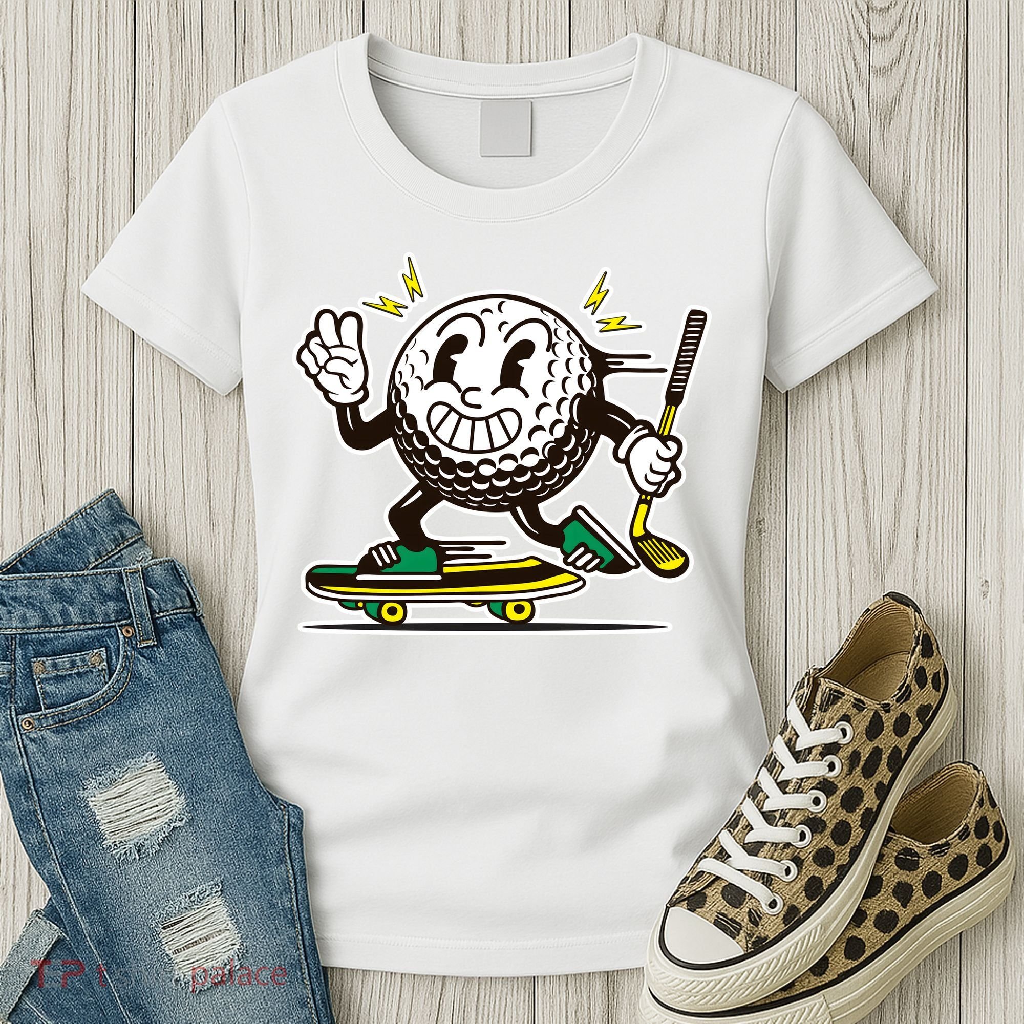 Funny Retro Cartoon Skateboarding Golf Ball Women's T-Shirt
