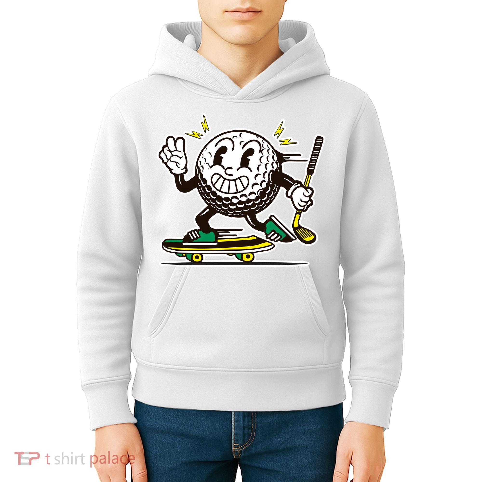 Funny Retro Cartoon Skateboarding Golf Ball Kids Hoodie