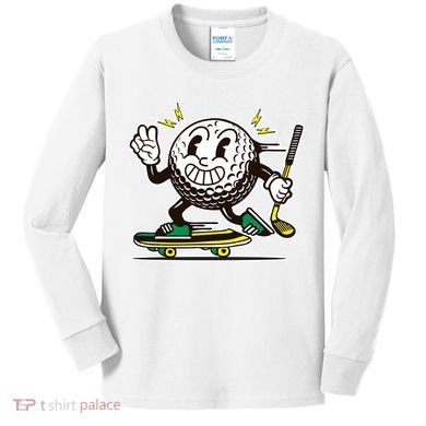 Funny Retro Cartoon Skateboarding Golf Ball Kids Long Sleeve Shirt