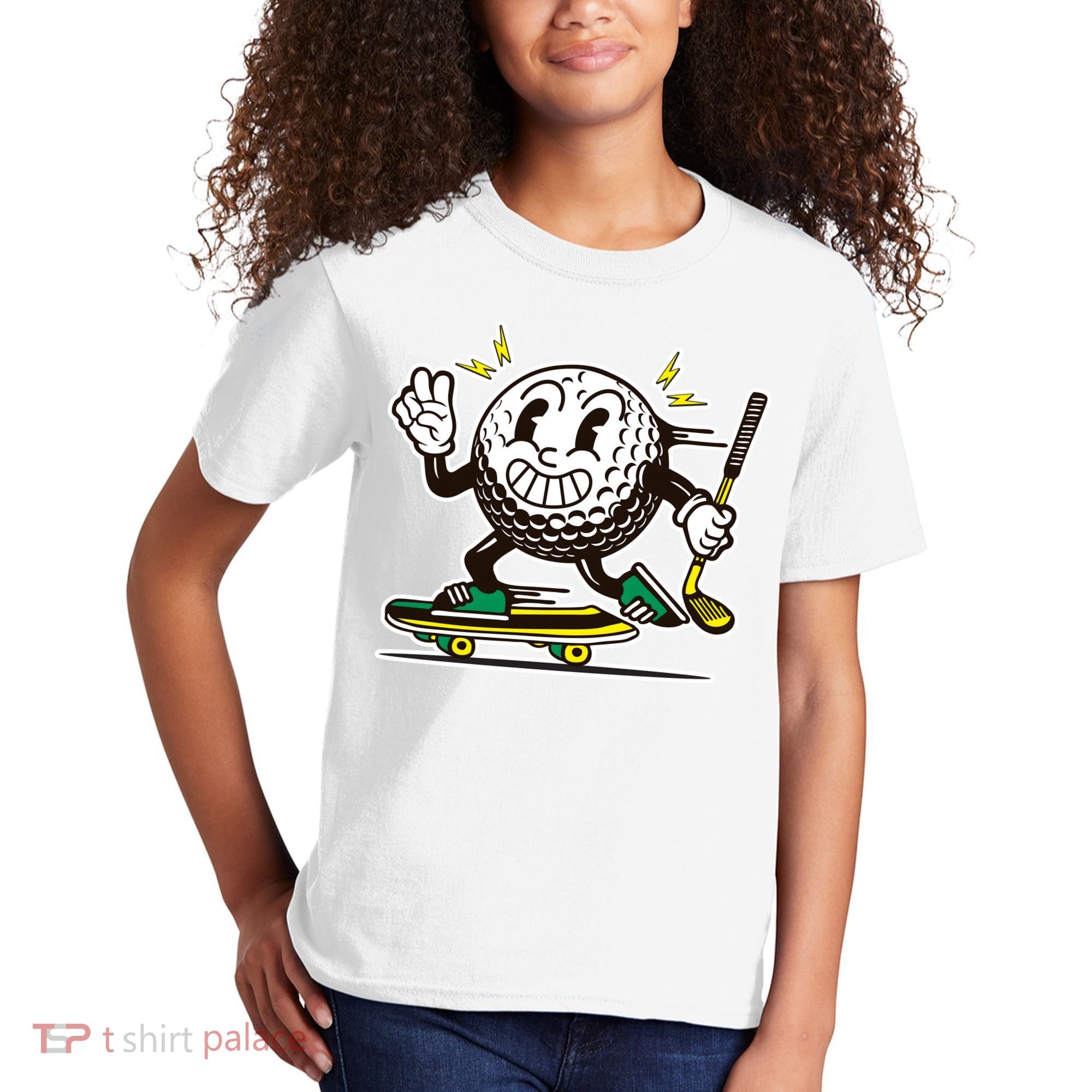 Funny Retro Cartoon Skateboarding Golf Ball Kids T-Shirt