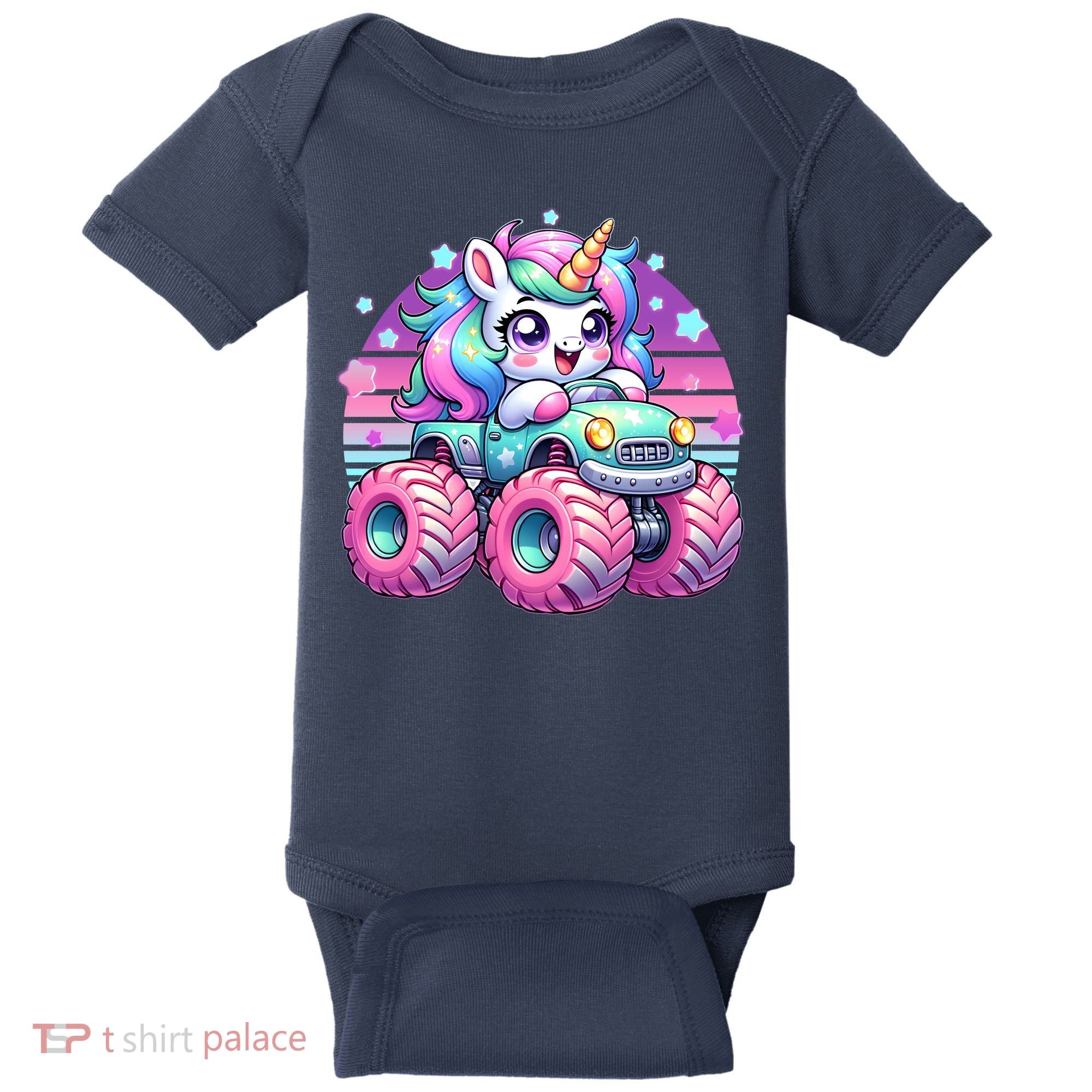 Funny Retro Cute Unicorn Monster Truck Baby Bodysuit