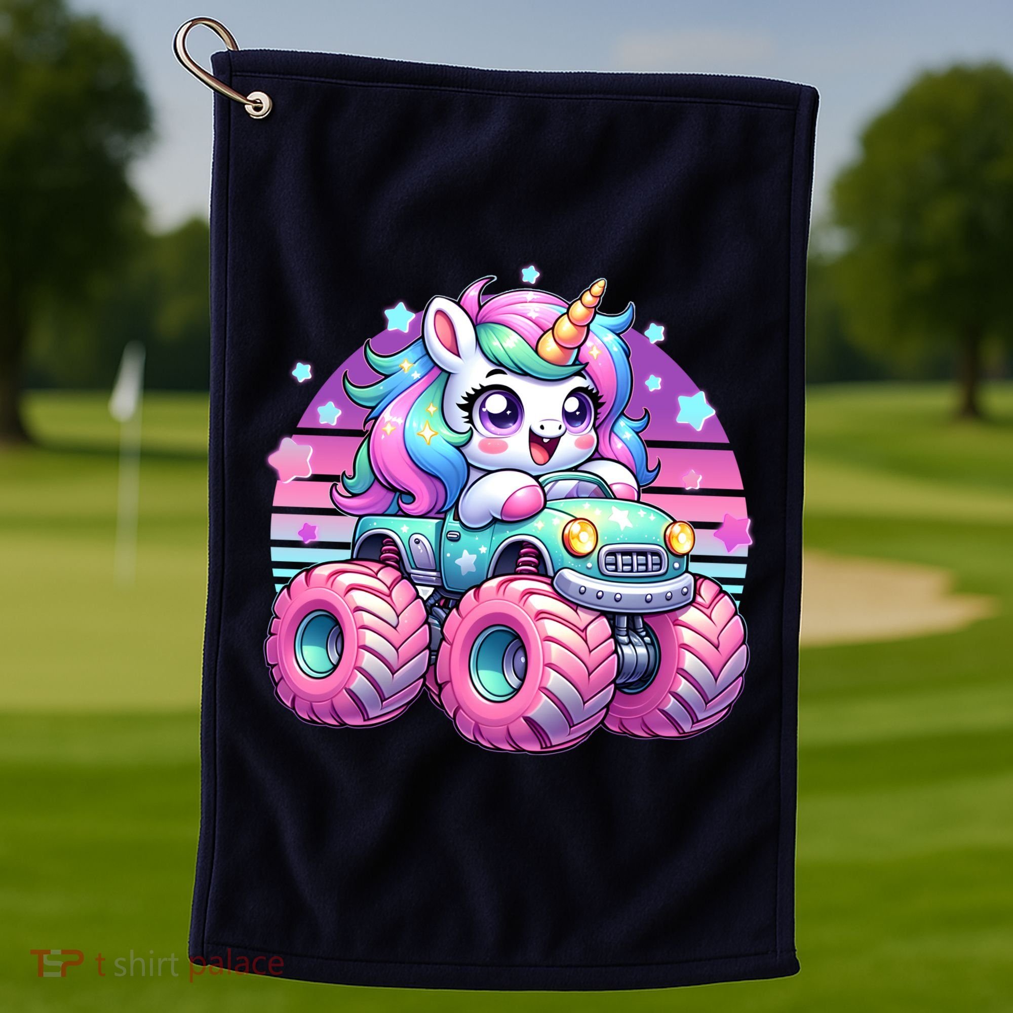 Funny Retro Cute Unicorn Monster Truck Golf Towel