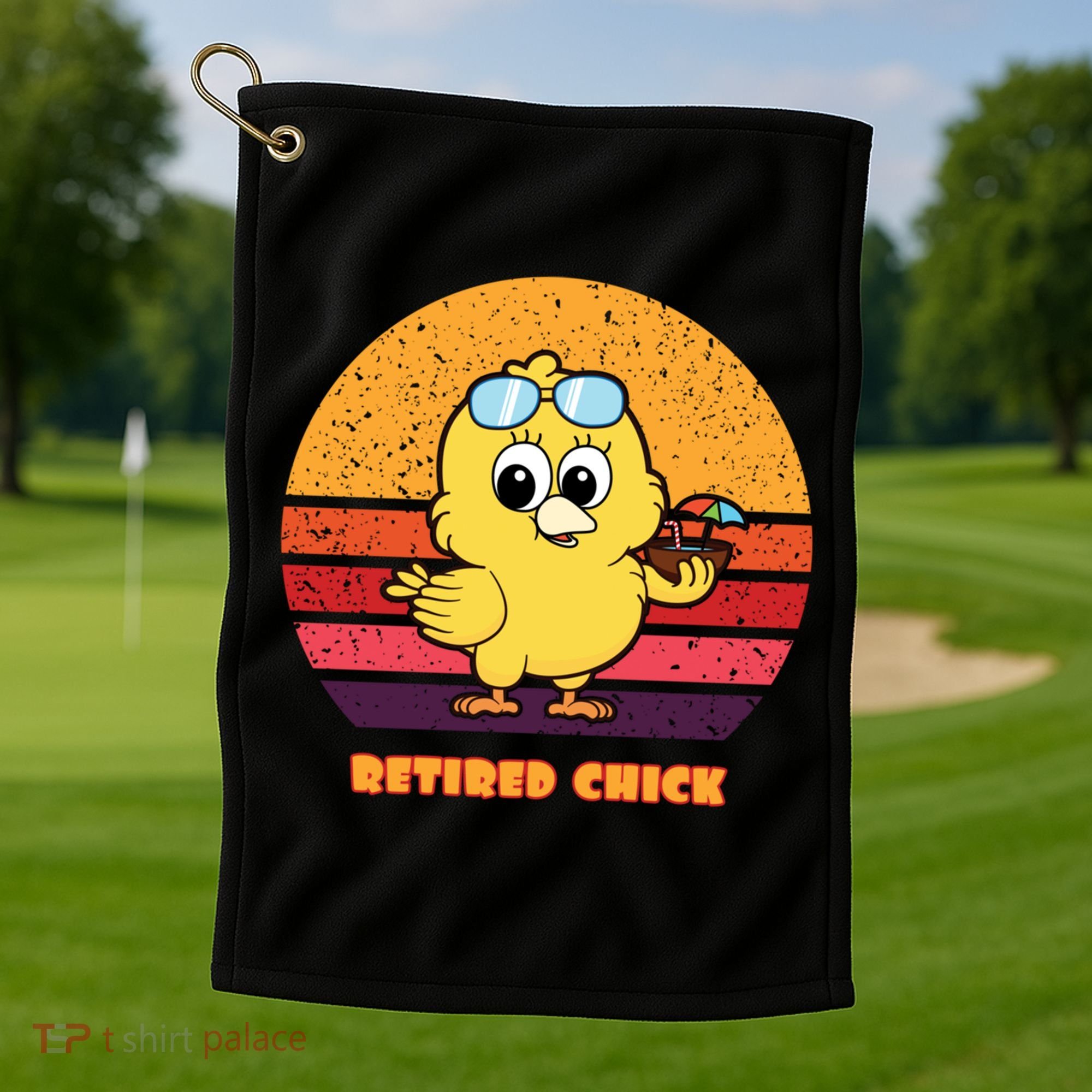 Funny Retired Chick Retro Sunset Retired Chick Gift Ideas Gift Golf Towel