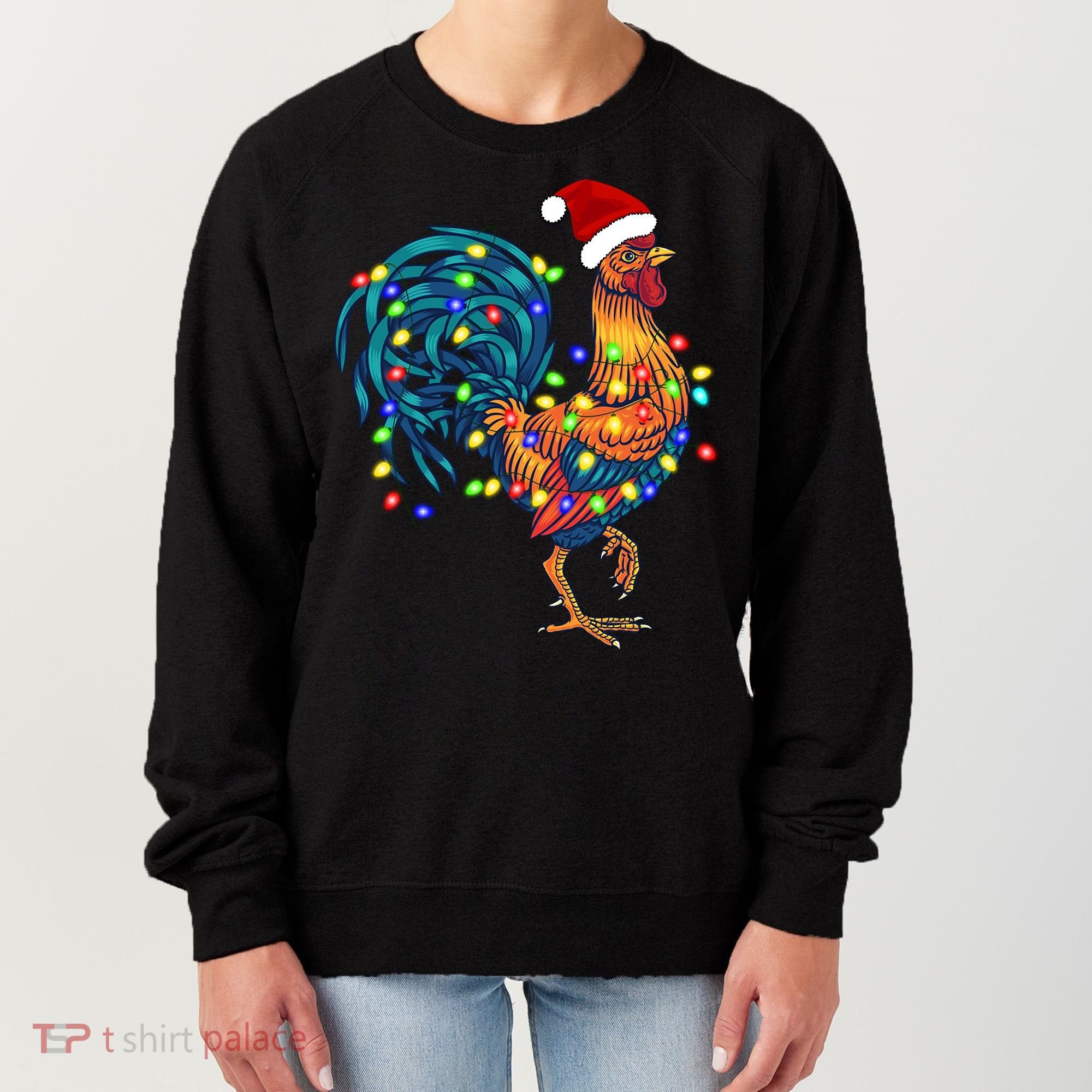 Funny Rooster Chicken Christmas Lights Pajama Farmer Funny Gift Women's Sweatshirt