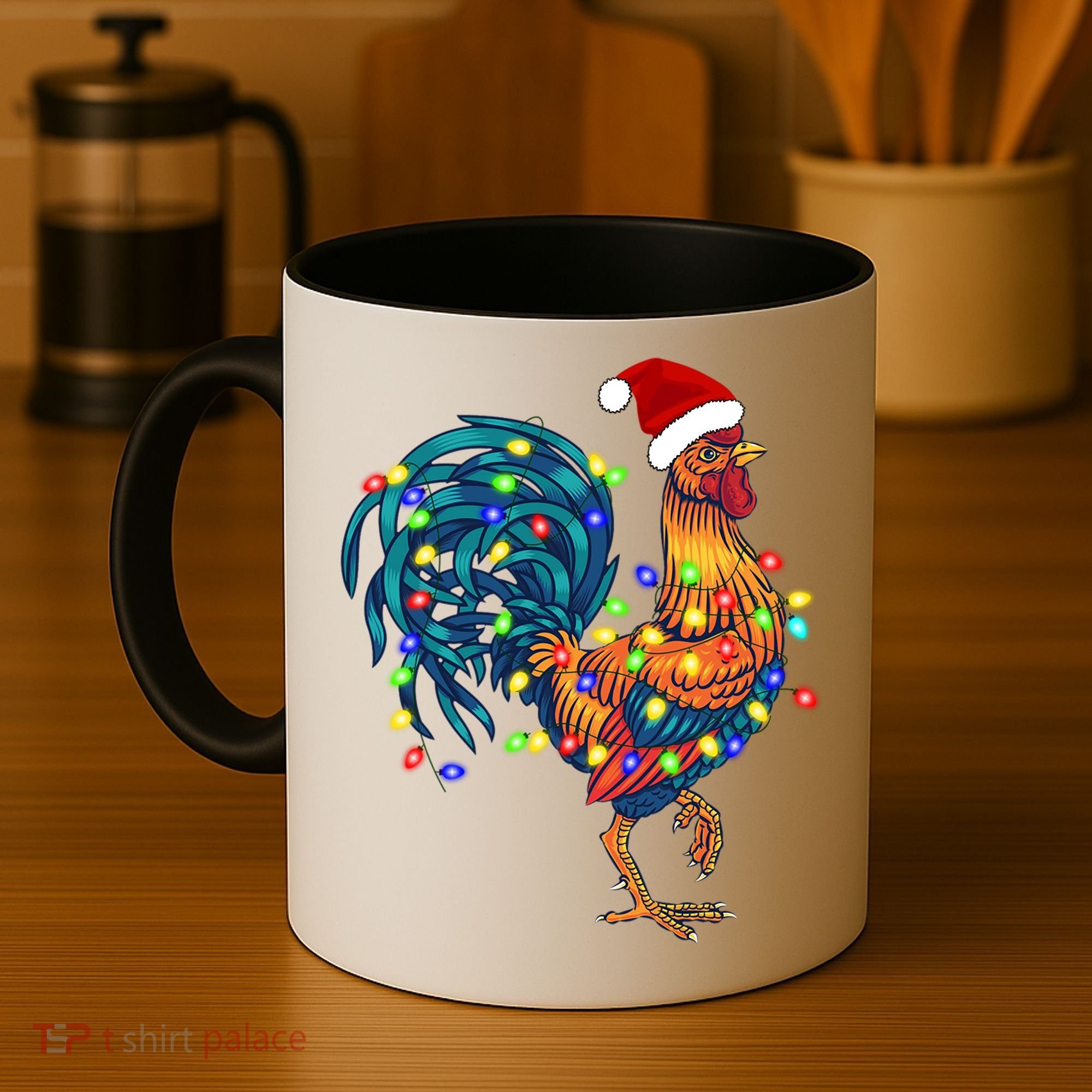 Funny Rooster Chicken Christmas Lights Pajama Farmer Funny Gift Coffee Mug