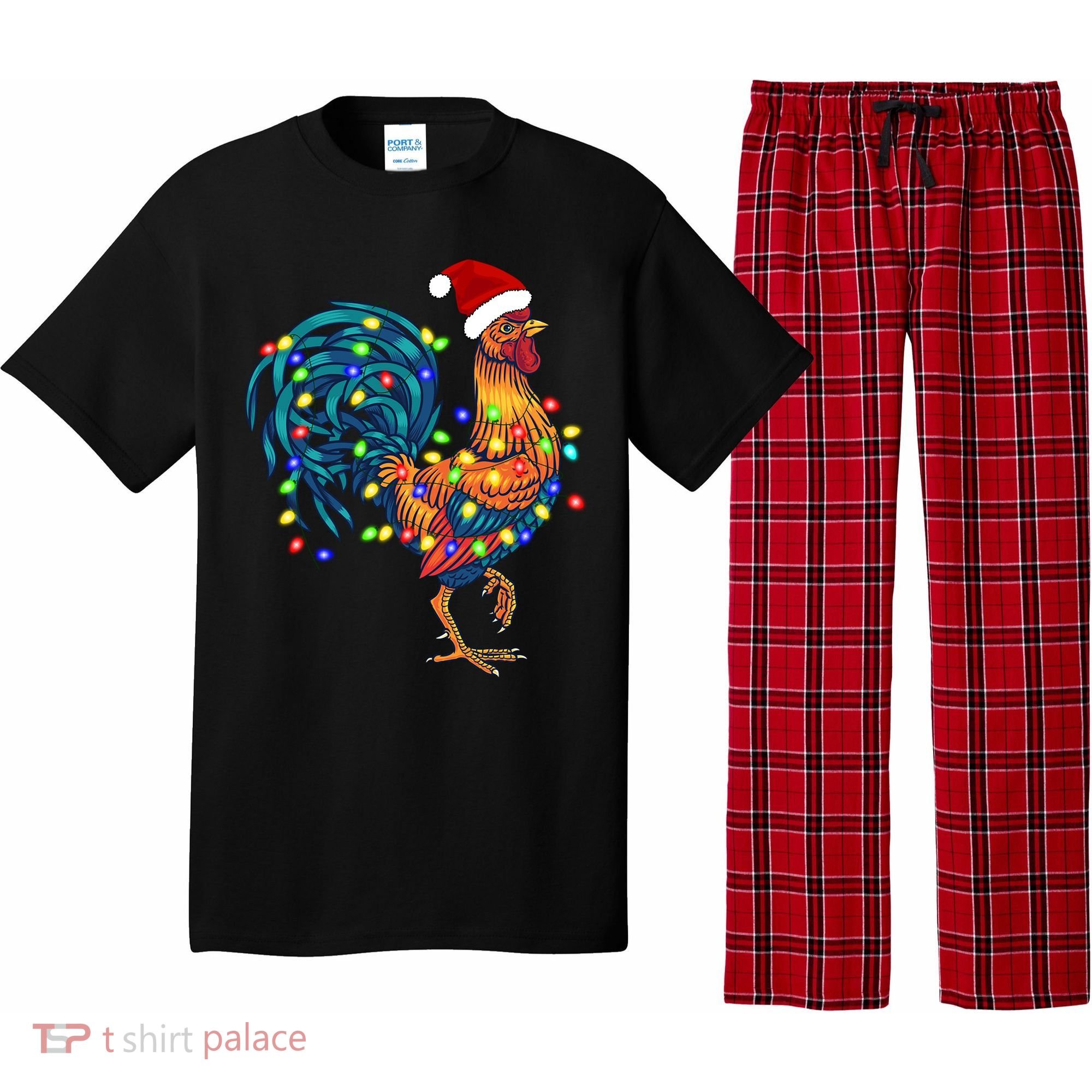 Funny Rooster Chicken Christmas Lights Pajama Farmer Funny Gift Pajama Set