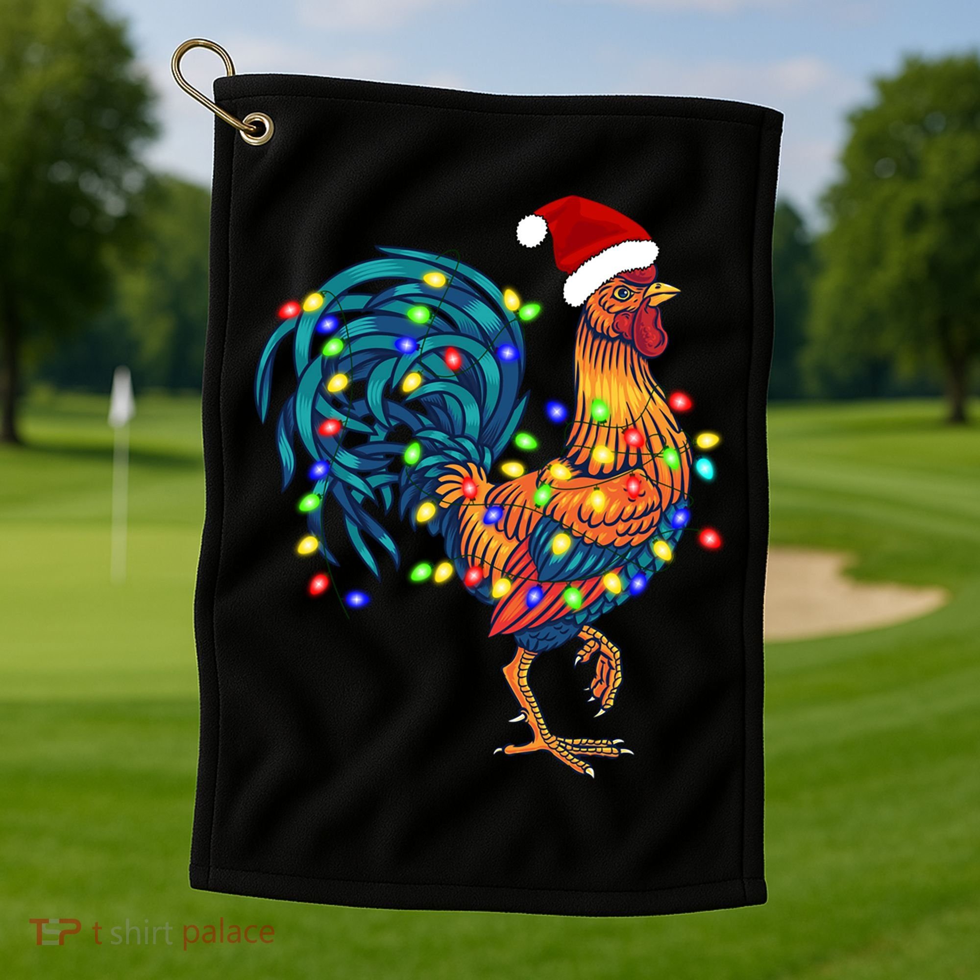 Funny Rooster Chicken Christmas Lights Pajama Farmer Funny Gift Golf Towel