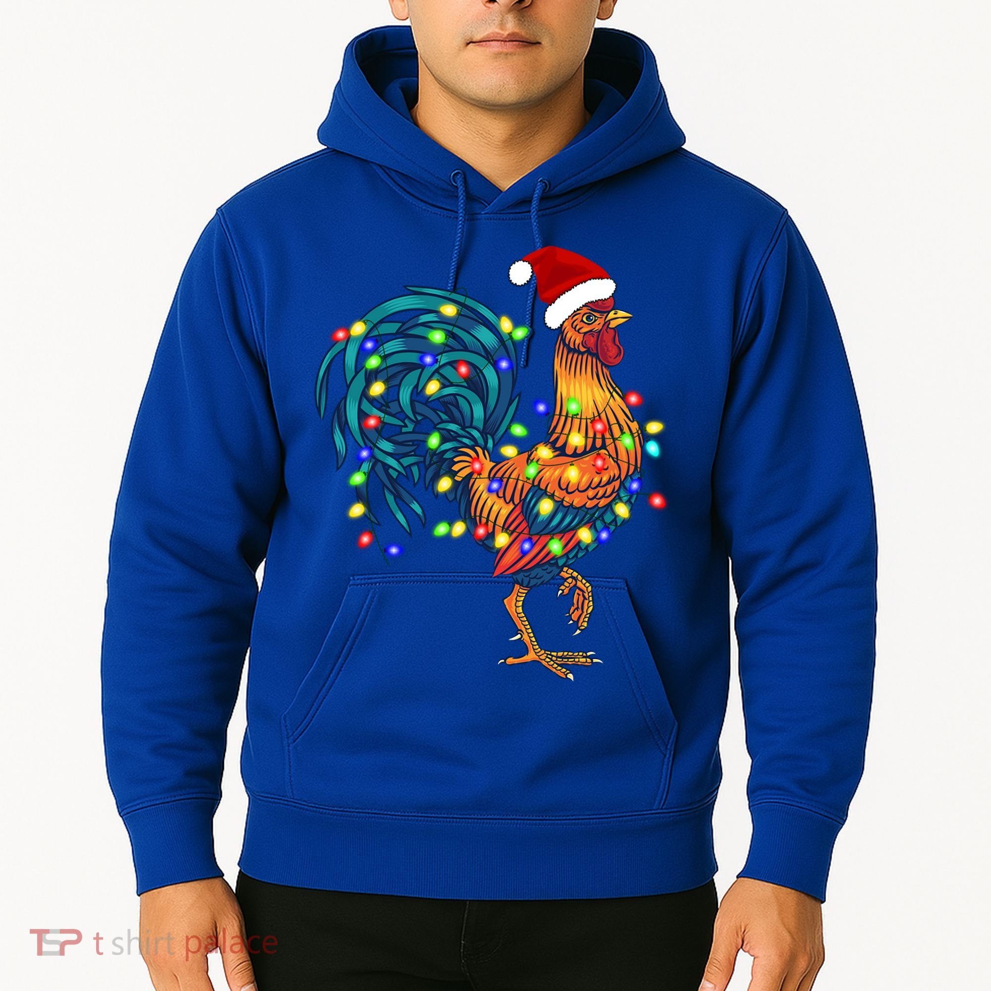 Funny Rooster Chicken Christmas Lights Pajama Farmer Funny Gift Hoodie