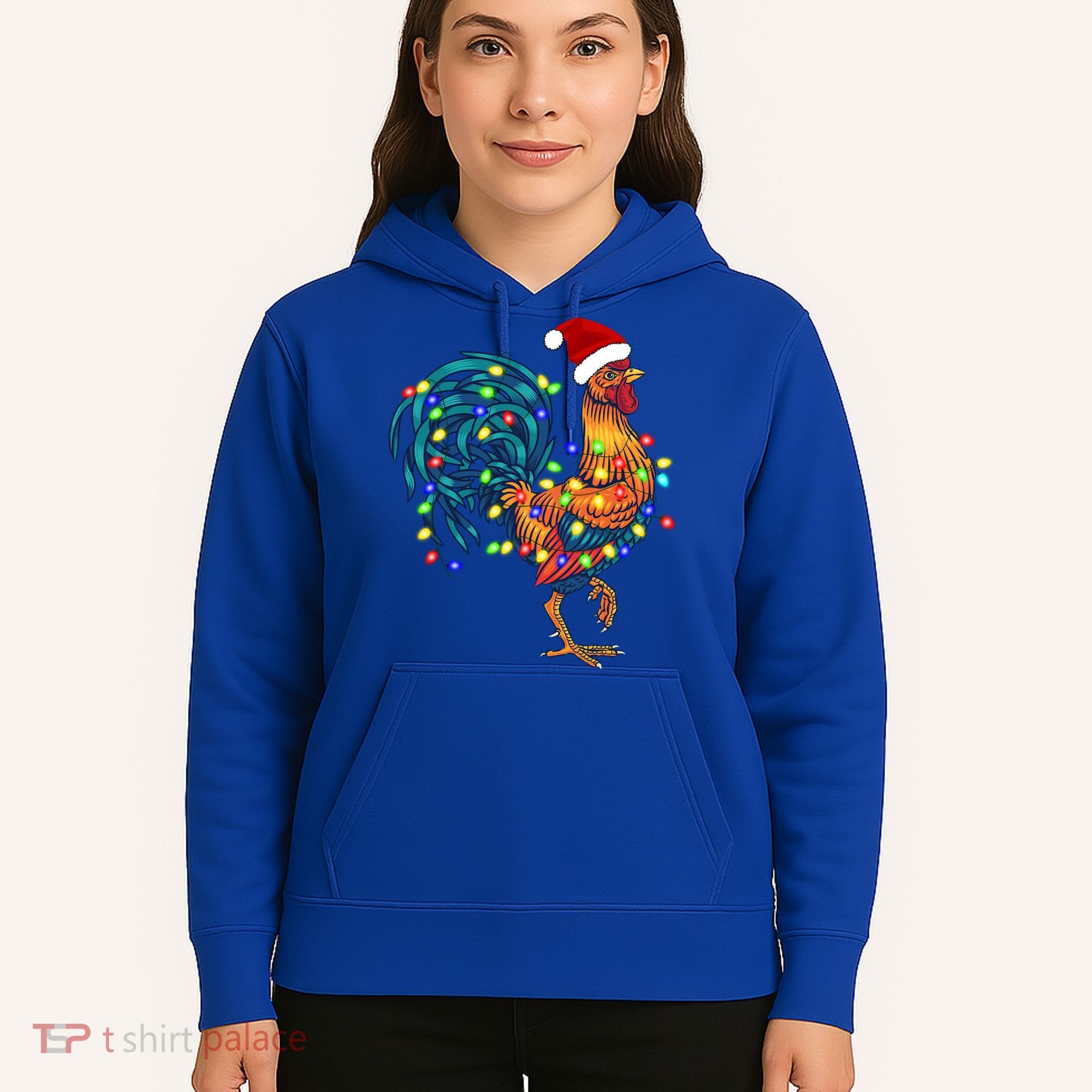 Funny Rooster Chicken Christmas Lights Pajama Farmer Funny Gift Hoodie