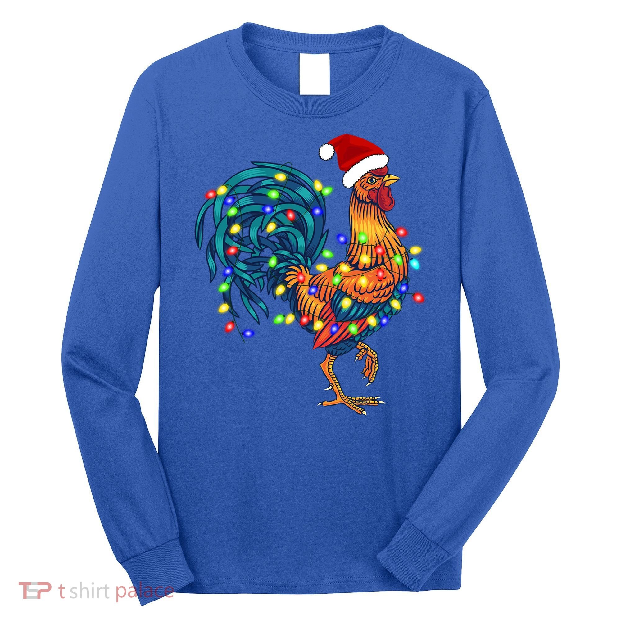 Funny Rooster Chicken Christmas Lights Pajama Farmer Funny Gift Long Sleeve Shirt