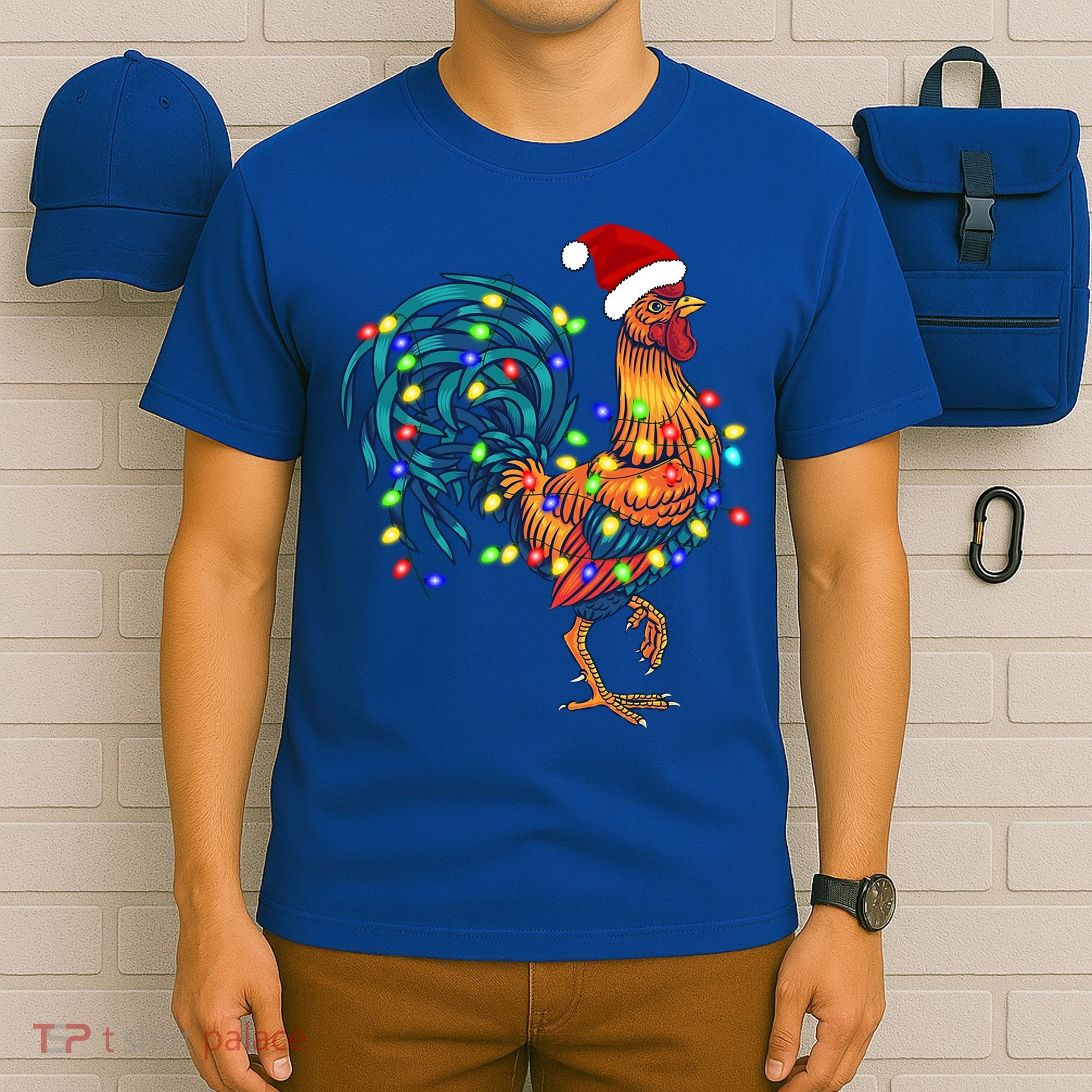 Funny Rooster Chicken Christmas Lights Pajama Farmer Funny Gift T-Shirt