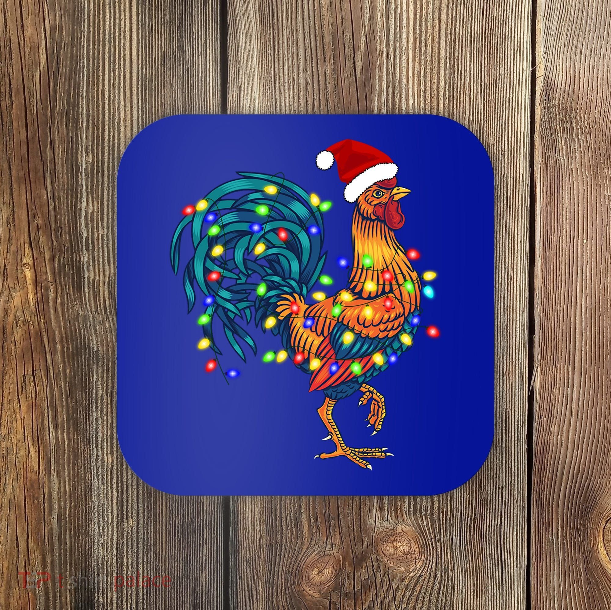 Funny Rooster Chicken Christmas Lights Pajama Farmer Funny Gift Coaster
