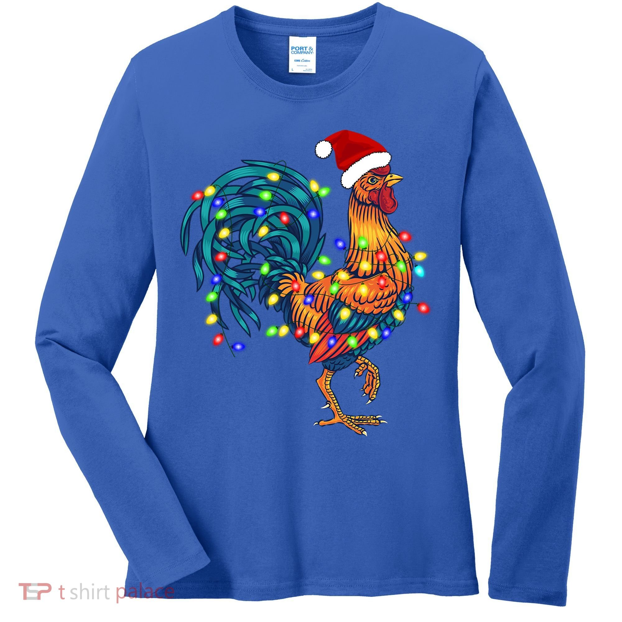 Funny Rooster Chicken Christmas Lights Pajama Farmer Funny Gift Women's Long Sleeve Shirt
