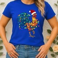 Funny Rooster Chicken Christmas Lights Pajama Farmer Funny Gift Women's T-Shirt thumb 2