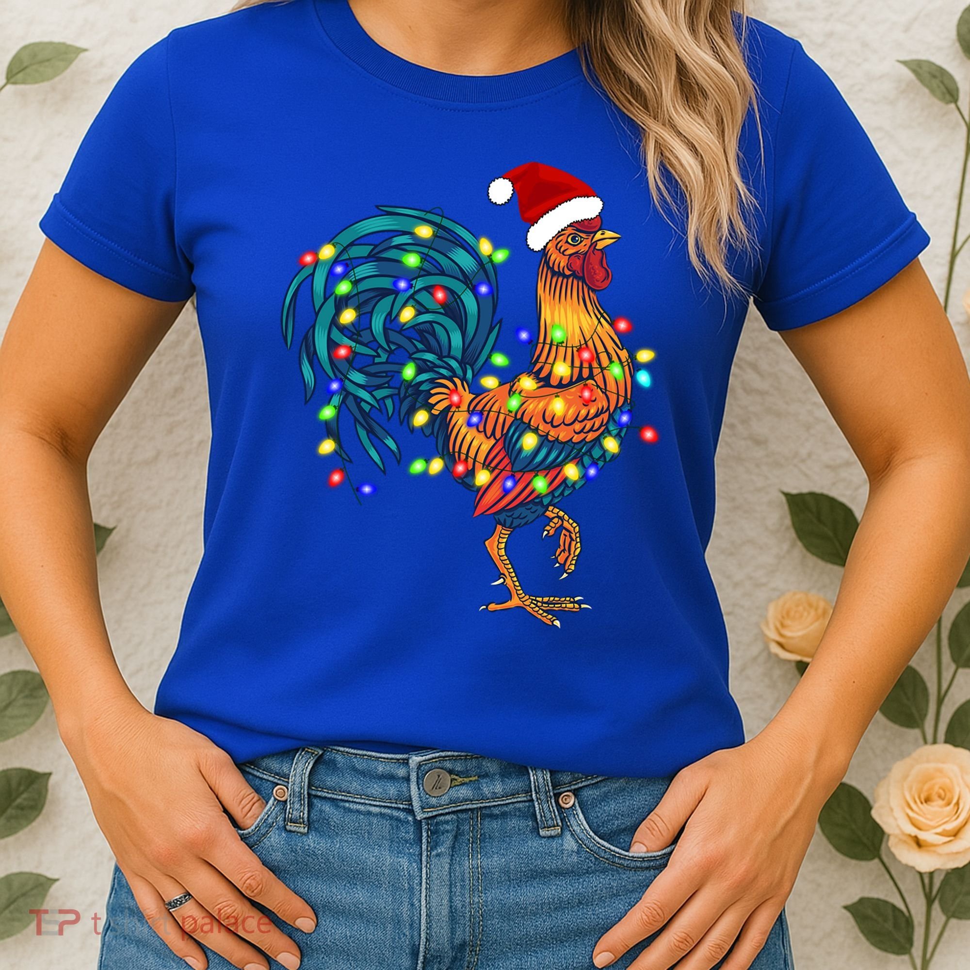 Funny Rooster Chicken Christmas Lights Pajama Farmer Funny Gift Women's T-Shirt