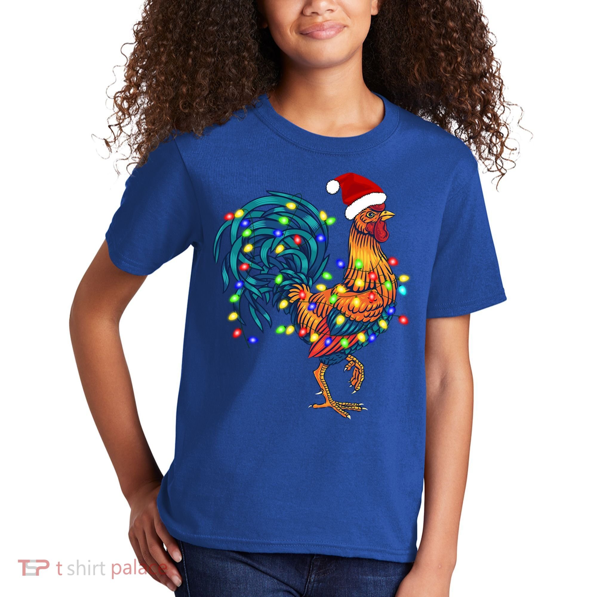 Funny Rooster Chicken Christmas Lights Pajama Farmer Funny Gift Kids T-Shirt
