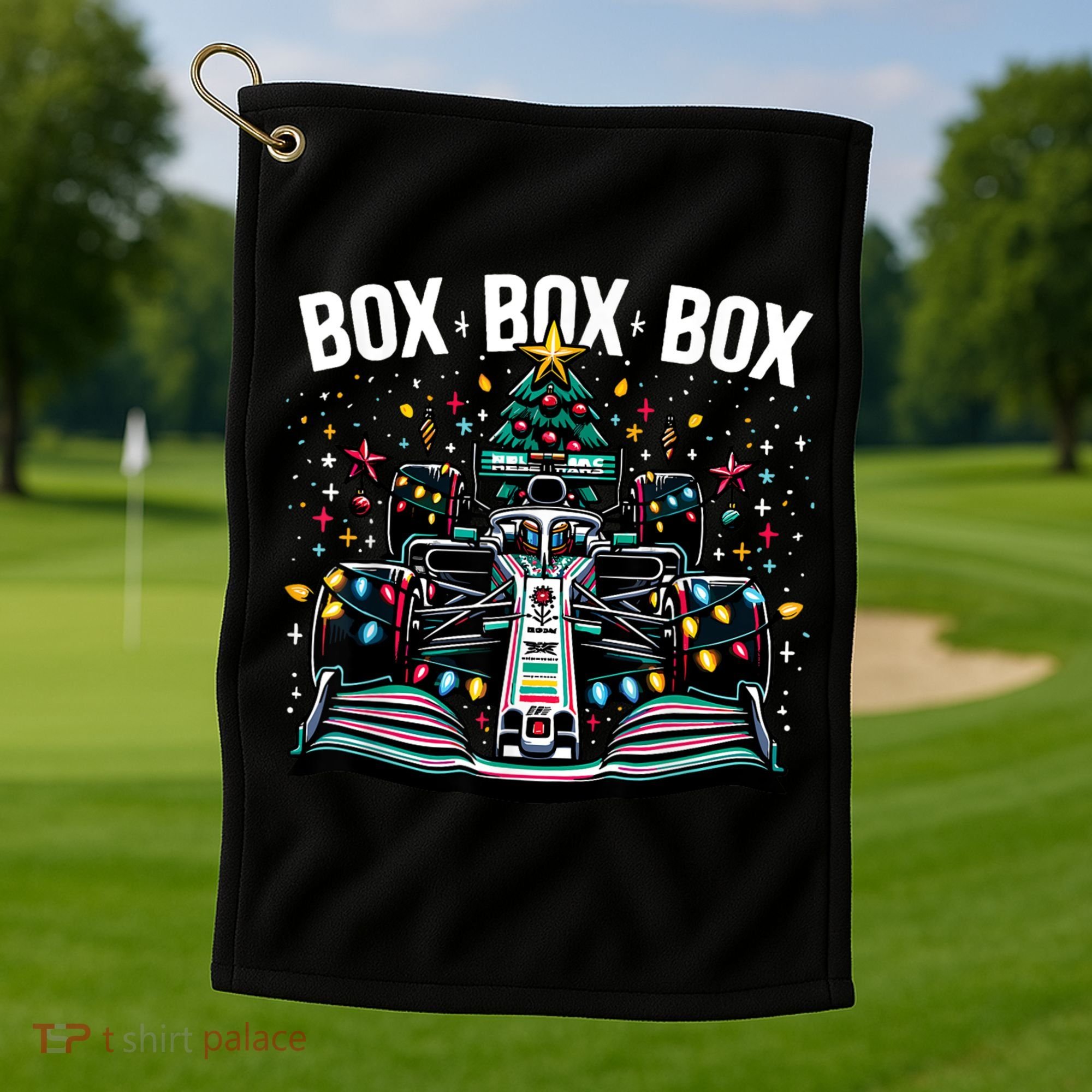 Formula Racing Car Box Box Box Radio Call Fun Christmas Tree Golf Towel