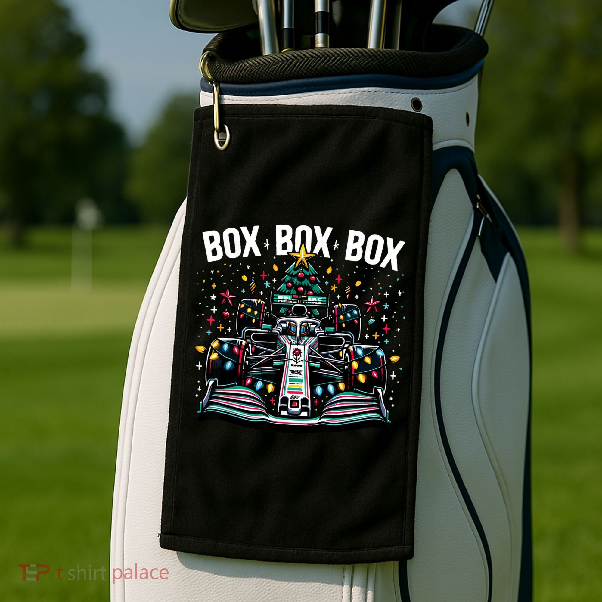 Formula Racing Car Box Box Box Radio Call Fun Christmas Tree Golf Towel