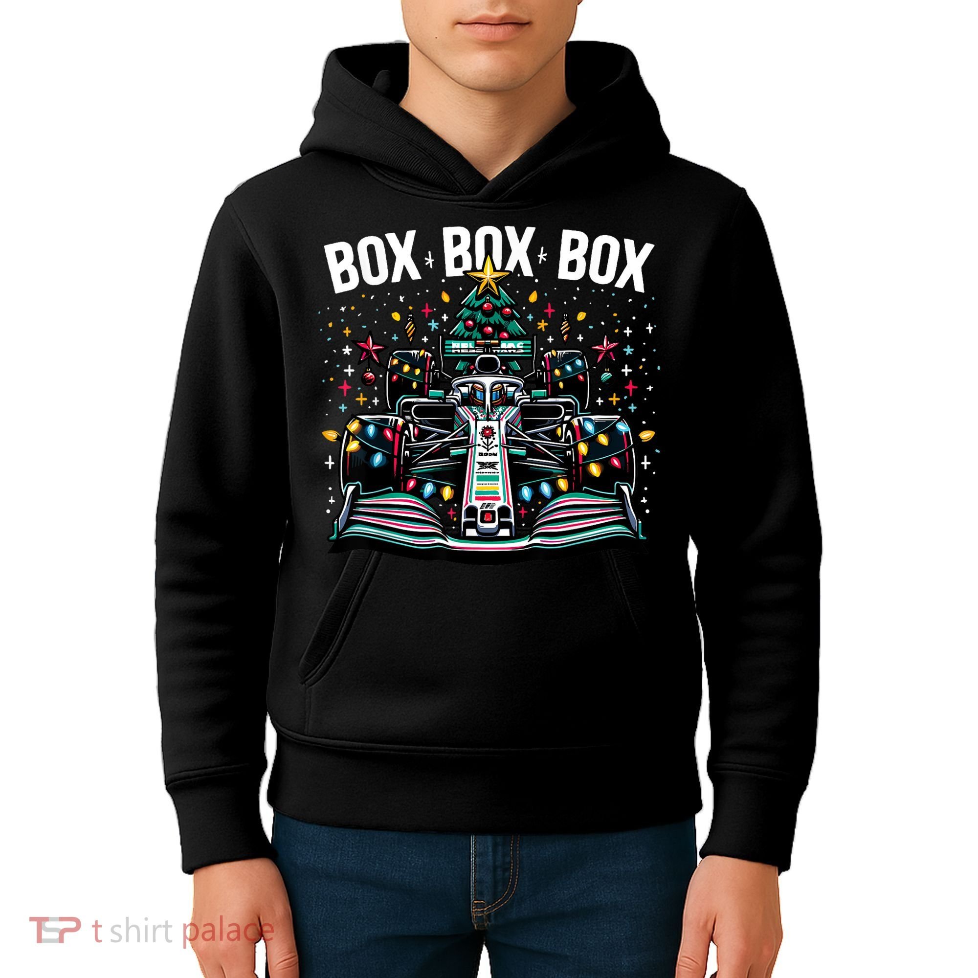 Formula Racing Car Box Box Box Radio Call Fun Christmas Tree Kids Hoodie