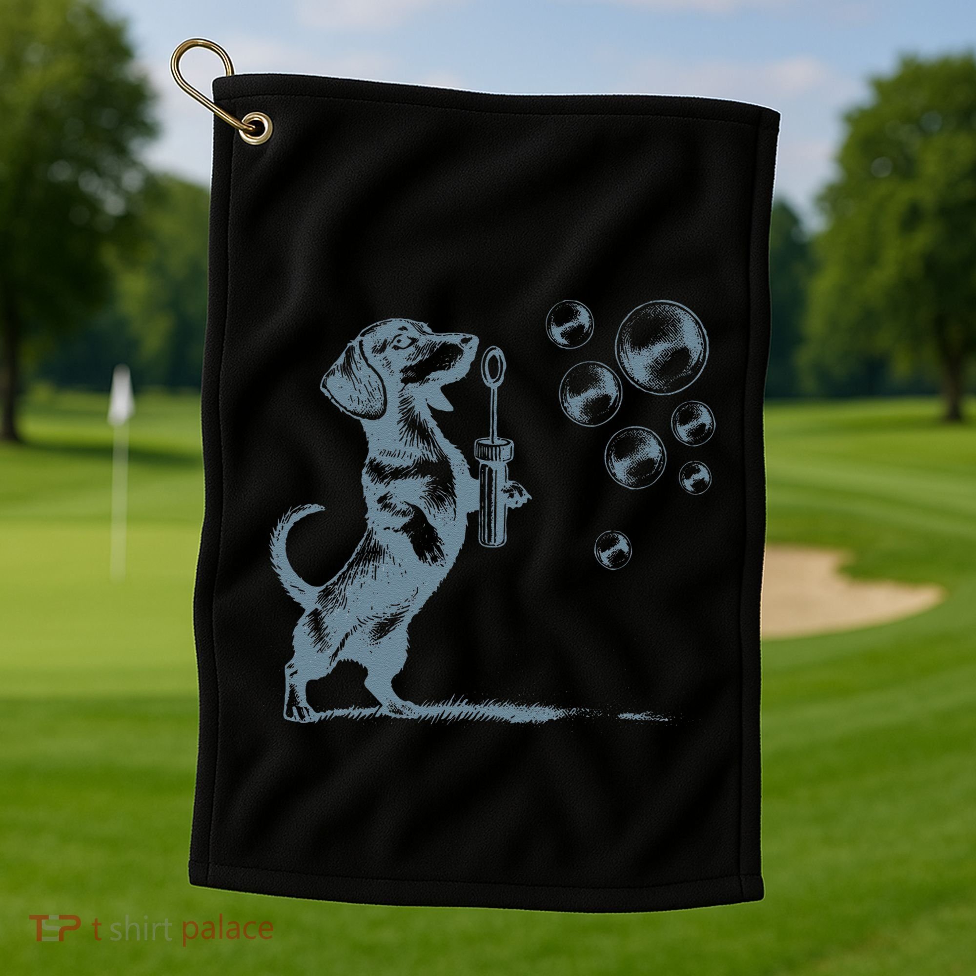 Funny Retro Dachshund Wiener Dog Blowing Bubbles Doxie Mom Golf Towel