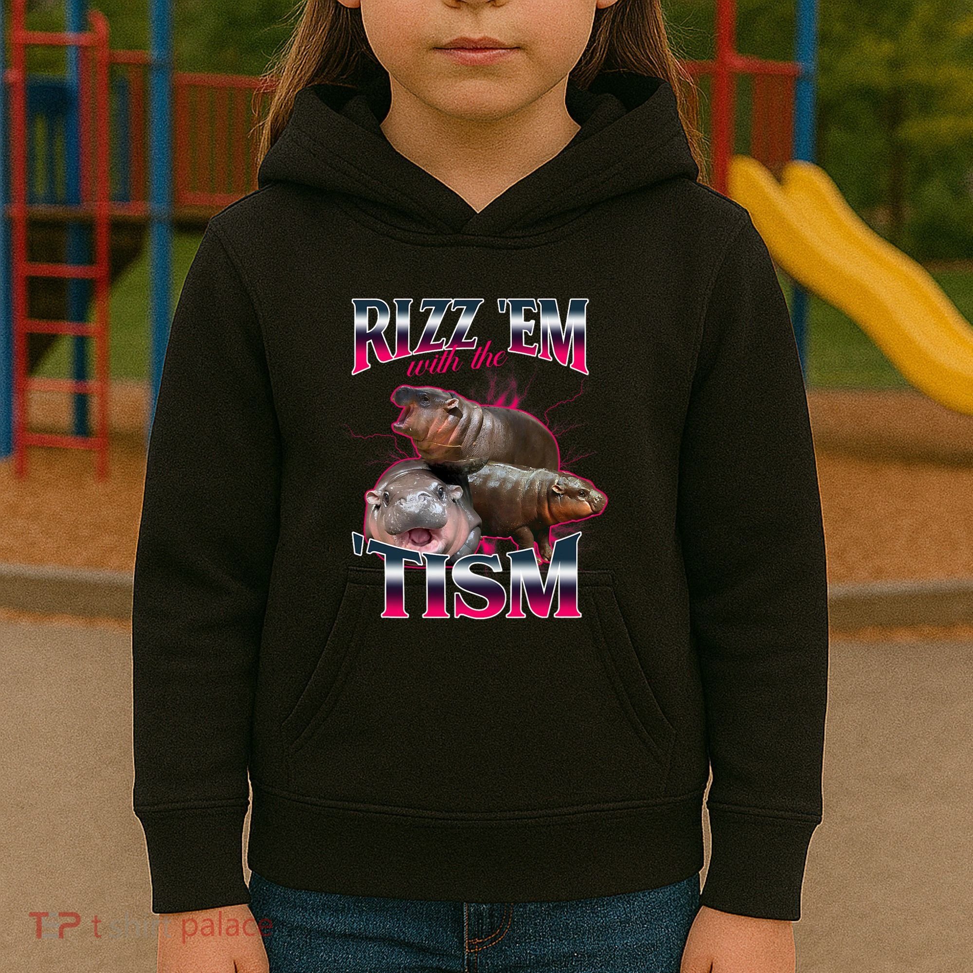 Funny Rizz Em With The Tism Meme Moo Deng Baby Hippo Kids Hoodie