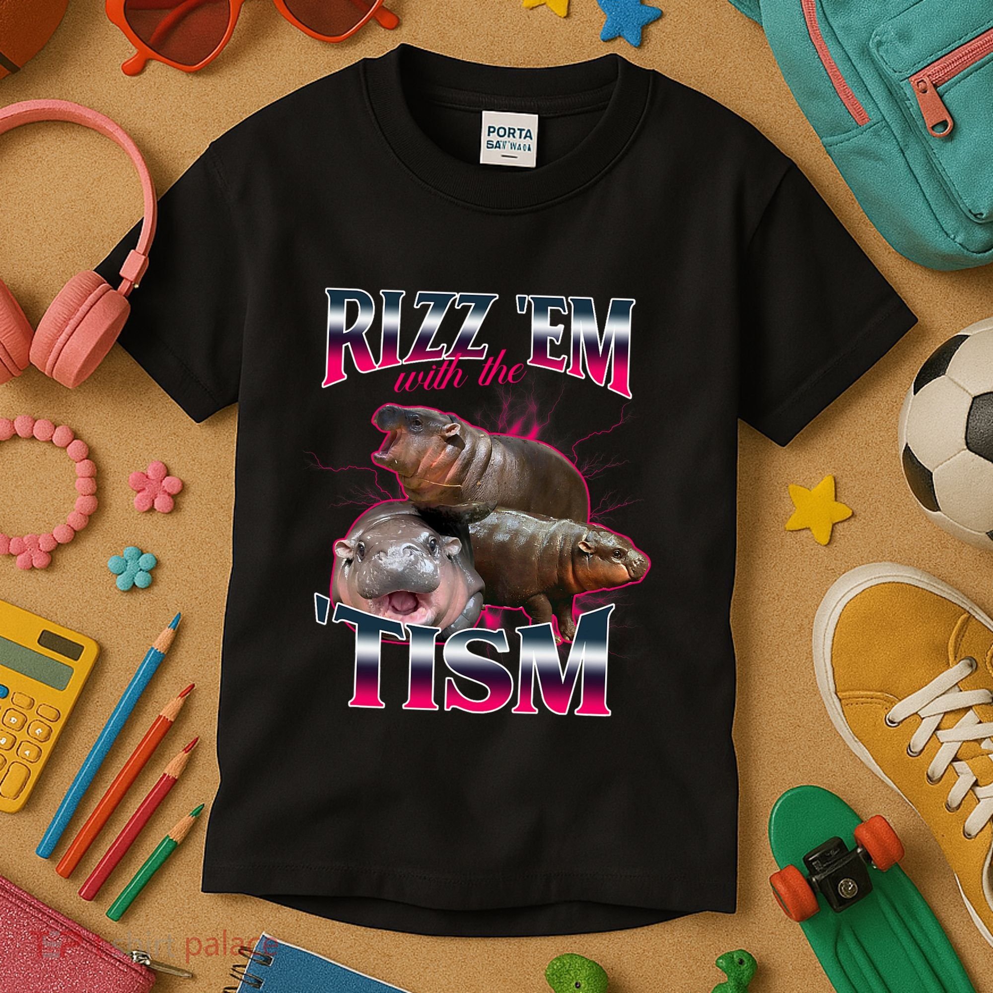 Funny Rizz Em With The Tism Meme Moo Deng Baby Hippo Kids T-Shirt