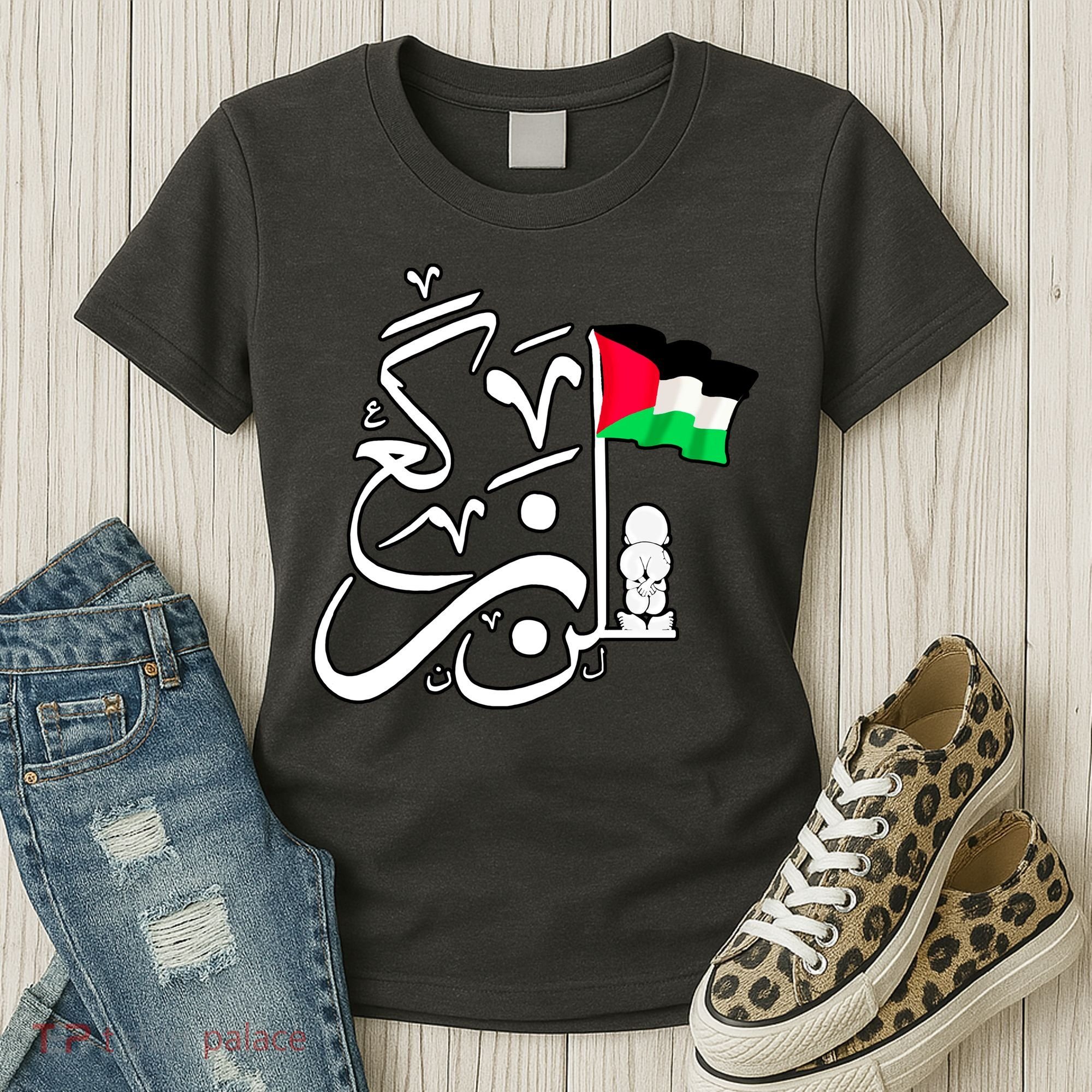 Free Palestine Arabic Calligraphy Palestinian Flag Women's T-Shirt