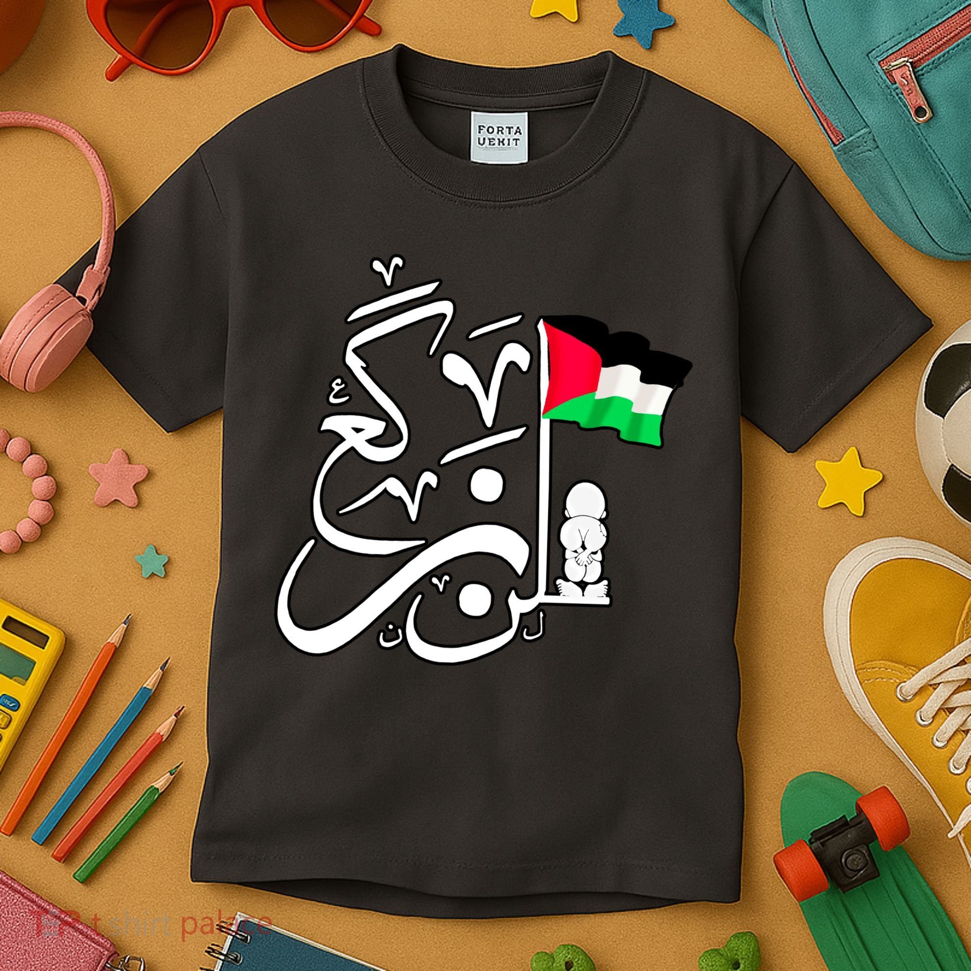 Free Palestine Arabic Calligraphy Palestinian Flag Kids T-Shirt