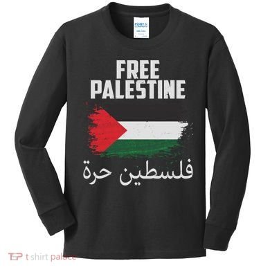 Free Palestine Arabic Distressed Painted Flag Kids Long Sleeve Shirt