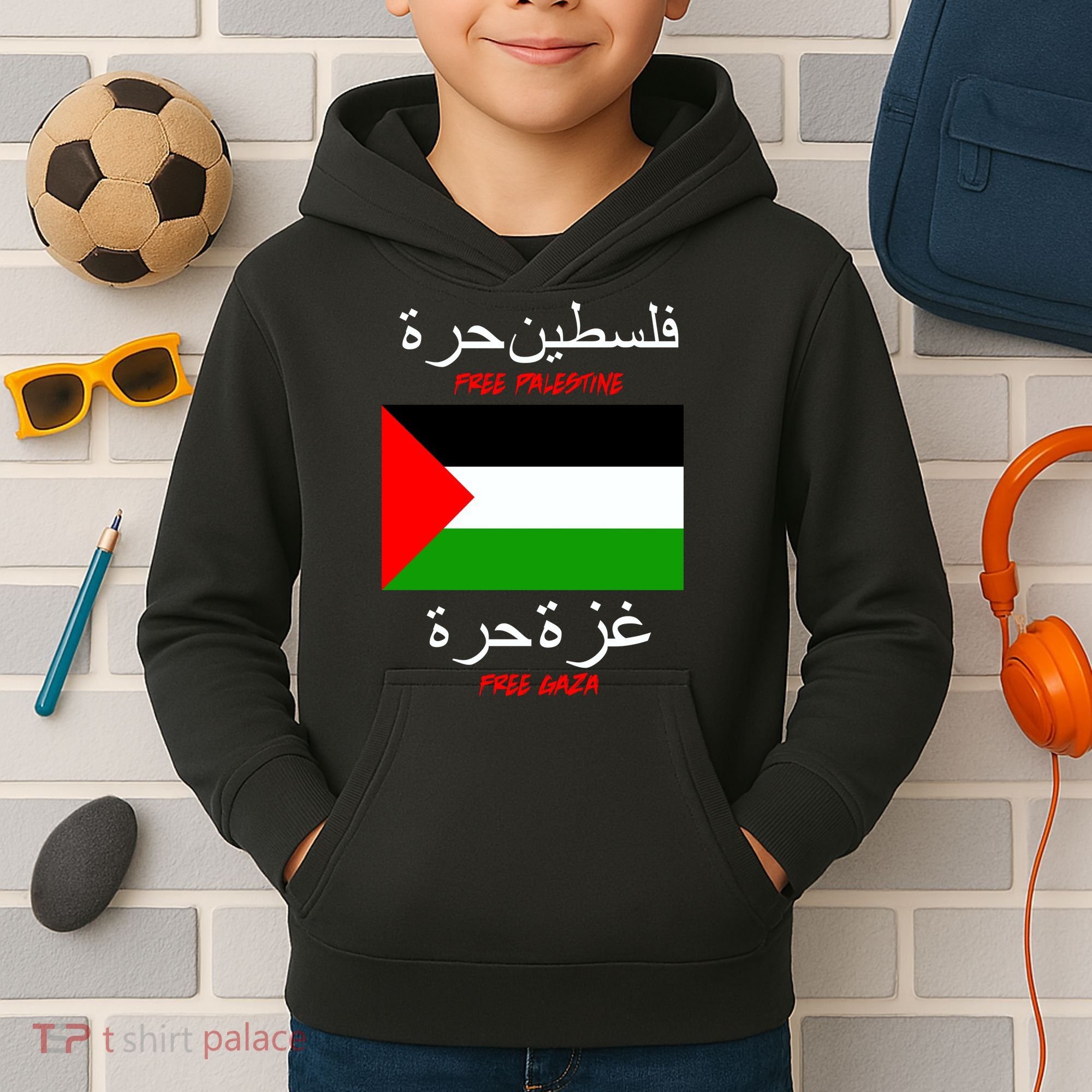 Free Palestine Gaza Arabic Writing Flag Kids Hoodie