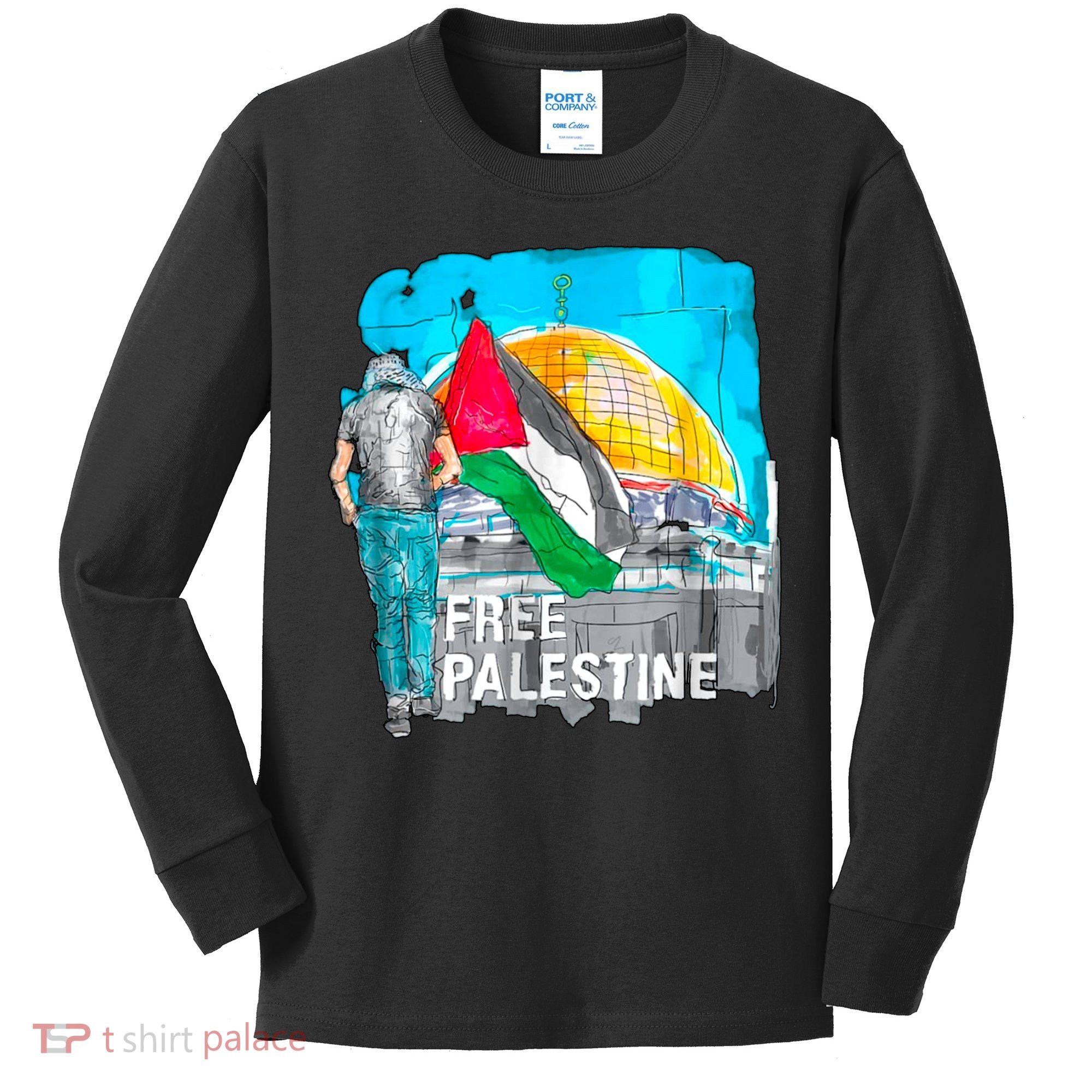 Free Palestine Save Gaza Ilustraion Kids Long Sleeve Shirt