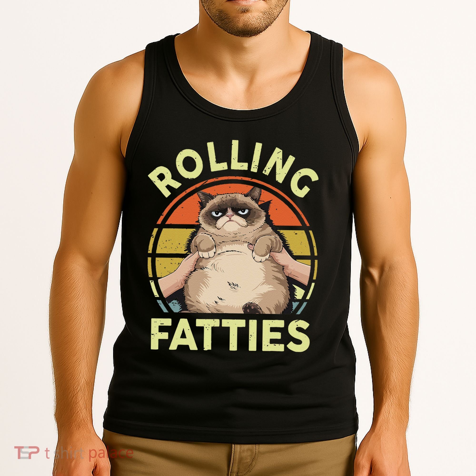 Funny Rolling Fatties Grumpy Kitten Cat Breed Mom Dad Retro Tank Top