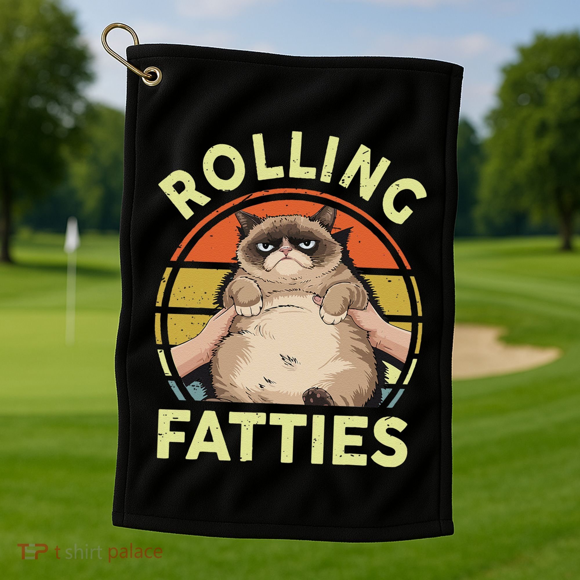 Funny Rolling Fatties Grumpy Kitten Cat Breed Mom Dad Retro Golf Towel